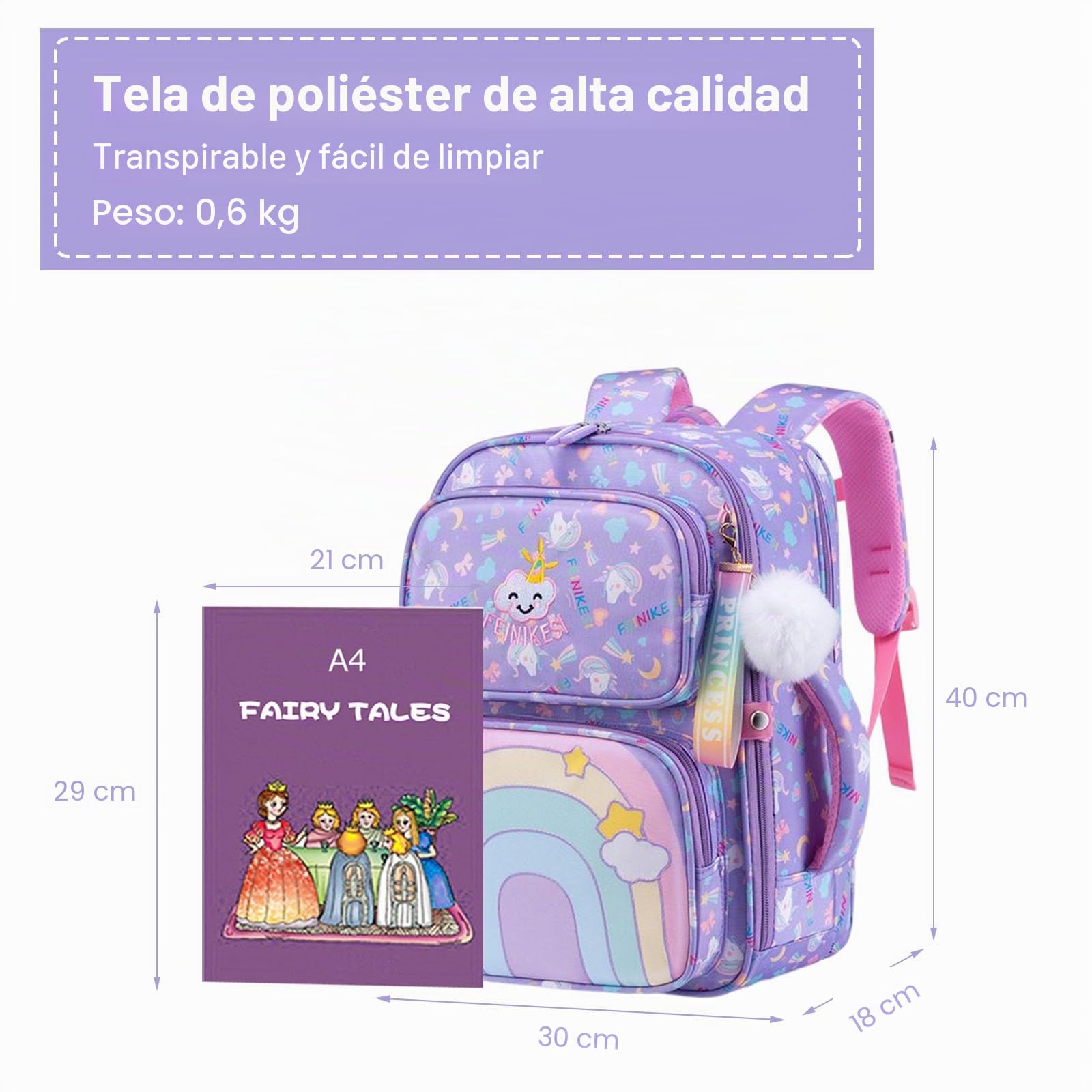 FANDARE Lindo Mochilas Infantiles Ultraligero Mochilas Escolares Mochilas Infantil Mochilas Tipo Casual Niñas Mochilas Escolares para Estudiante Primaria Mochila con Colgante de Felpa Púrpura