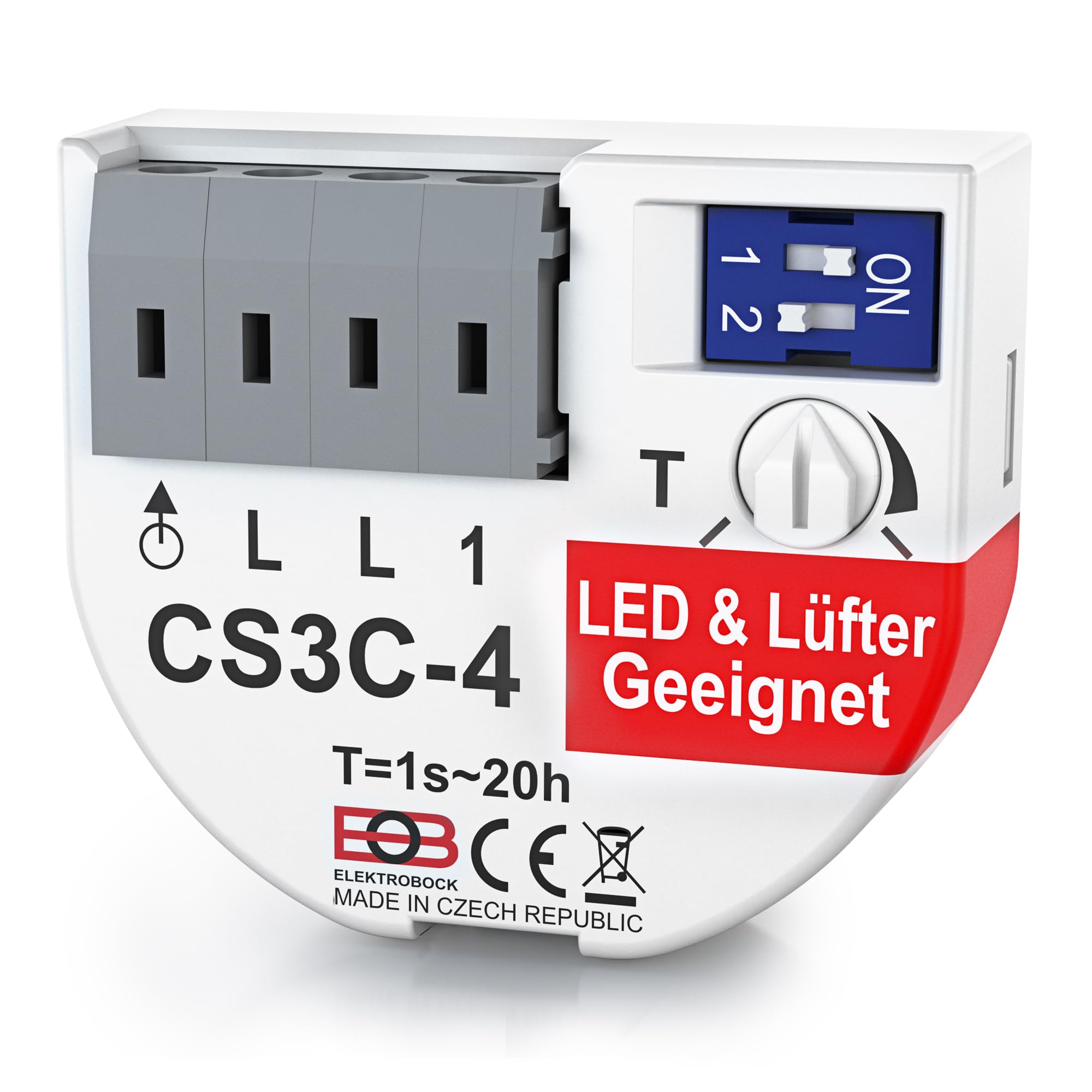 ELEKTROBOCK CS3C-4 Zeitrelais - LED, Lüfter & Leuchtstofflampen - Nachlaufrelais 230 V mit Steckklemmen - Anschluss ohne Nullleiter - Unterputz-Einbau, kompakt & energiesparend