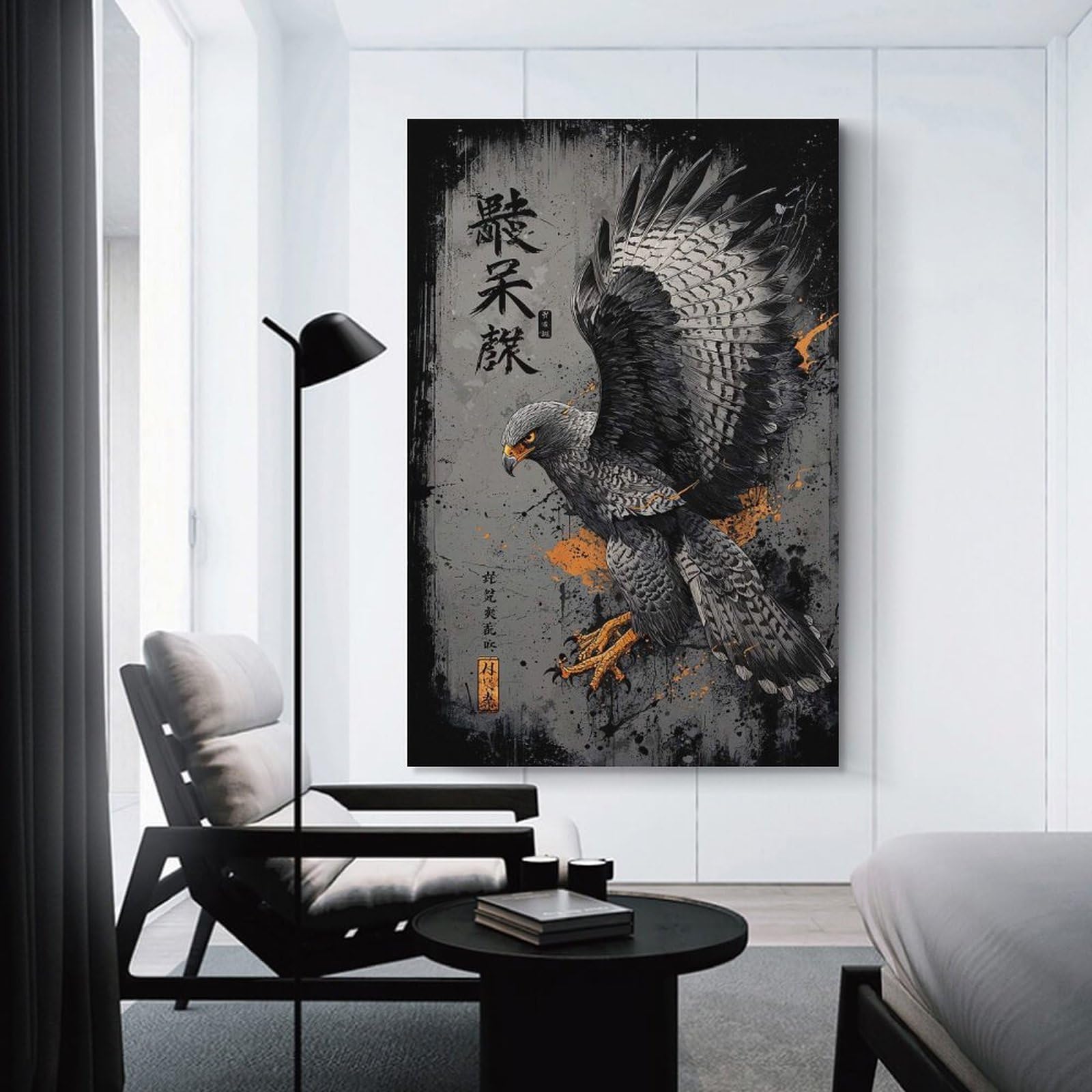 Junmoney Unframe-Style-17 Hawk With Japanese Calligraphy Art Room Decor Wall Art 16X24inch(40X60cm), For Entrance Walls, Hall Decor Or Foyers, A Neat Decor Update For Hallways