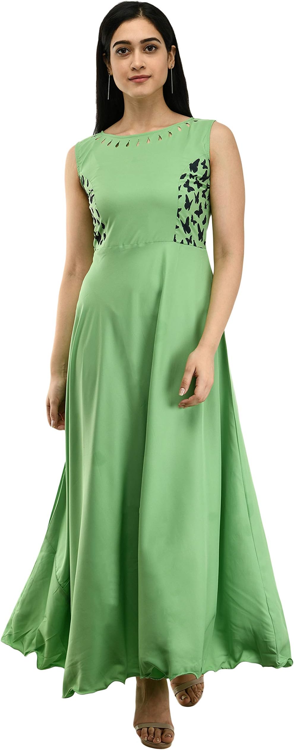 GenericBS Fashion Women Flared Casual Maxi Dress Cape Sleeves with Floral Print (Green)