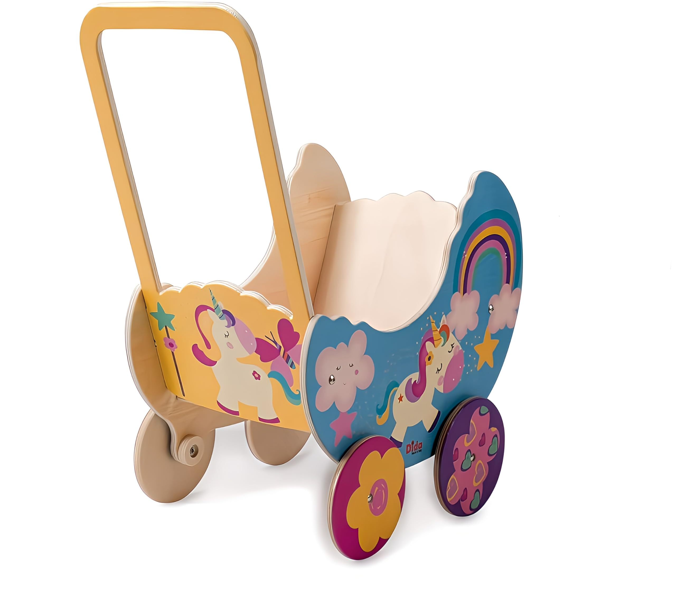 Dida - Puppenwagen Einhorn, Aus Holz Gefertigt, Wagen für Puppen bis 35 cm, Ideal für Rollenspiele, Perfekt für Kinder von 2, 3, 4 Jahren, Kreatives und Pädagogisches Spielzeug
