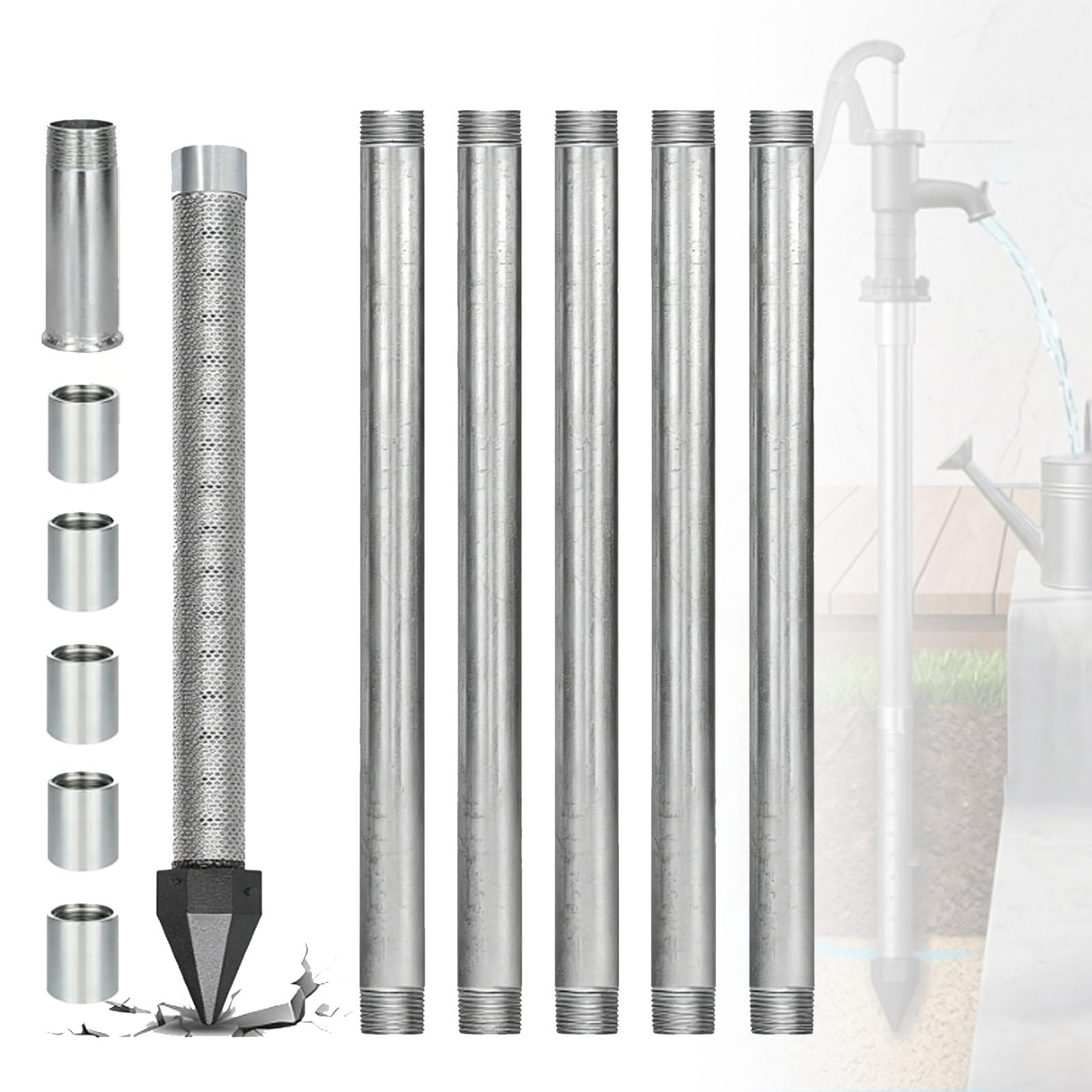 ZyKnaurral Heavy Duty Sand Point Well Kit, 1-1/4" Stainless Steel Water Well Drilling Kit, With 60 Gauge Mesh & 5 Galvanized Pipes, For Soft Soil, Loose Sandy Soil and Clay 6M-NoWaterPump