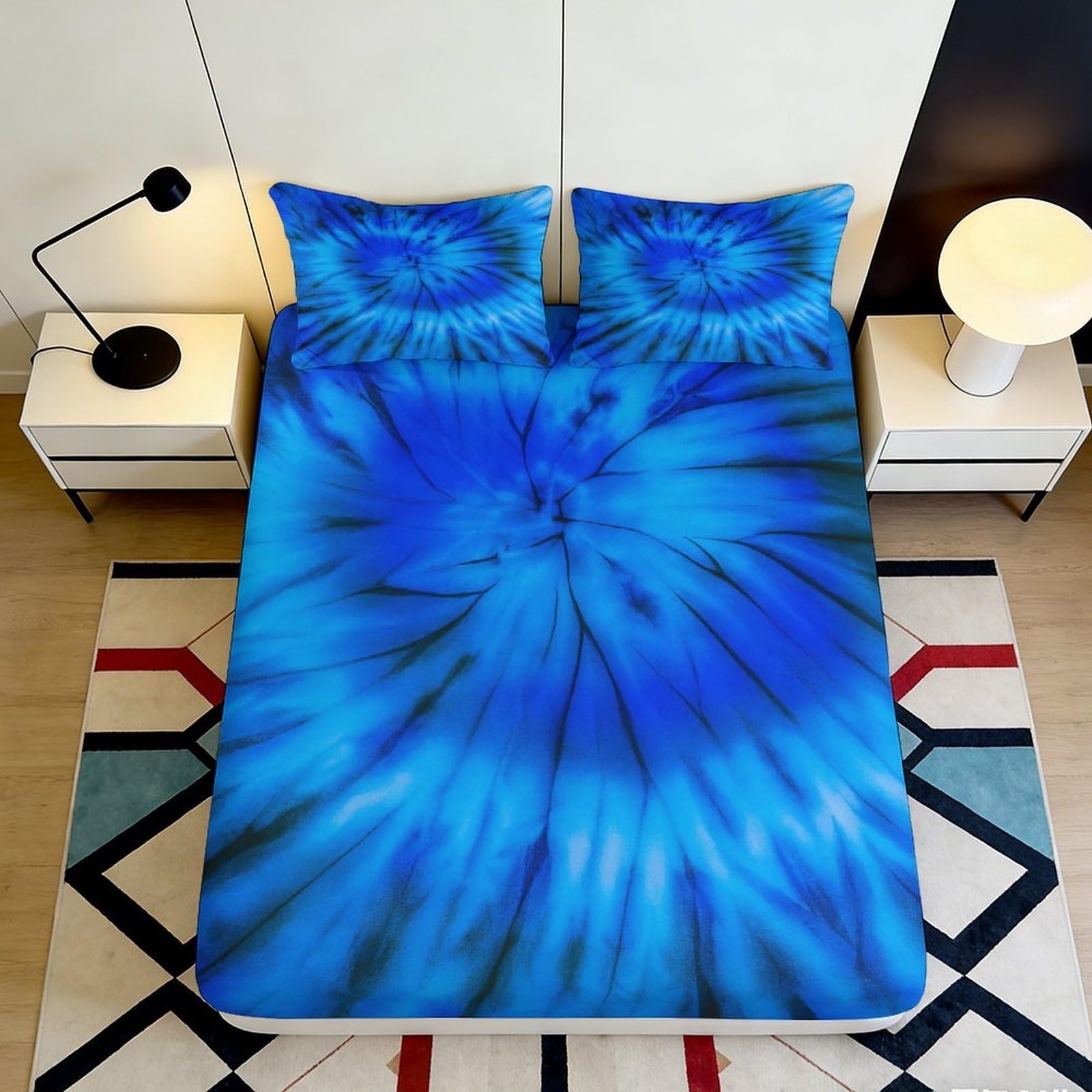 3D Printed Blue Tie Dye Fitted Sheet Microfiber Soft Deep Elastic Anti-Slip Mattress Cover for Bedroom Guest Room Decor 90x200x25cm