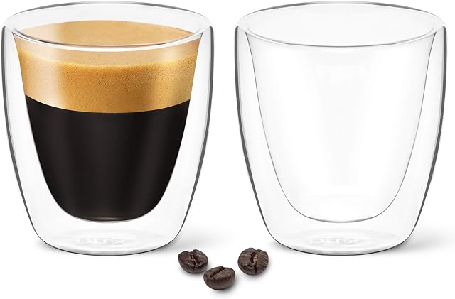 DLux Espresso Coffee Cups 80ml, Double Wall, Clear Glass Set of 2 3oz Glasses, Insulated Borosilicate Glassware Tea Cup Mug