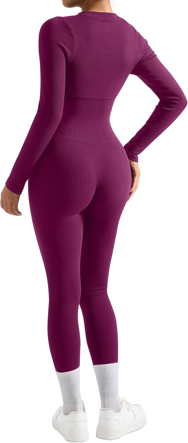 SUUKSESS Women Long Sleeve Ribbed Jumpsuit Zip up Front Workout Bodycon Romper - Image 6
