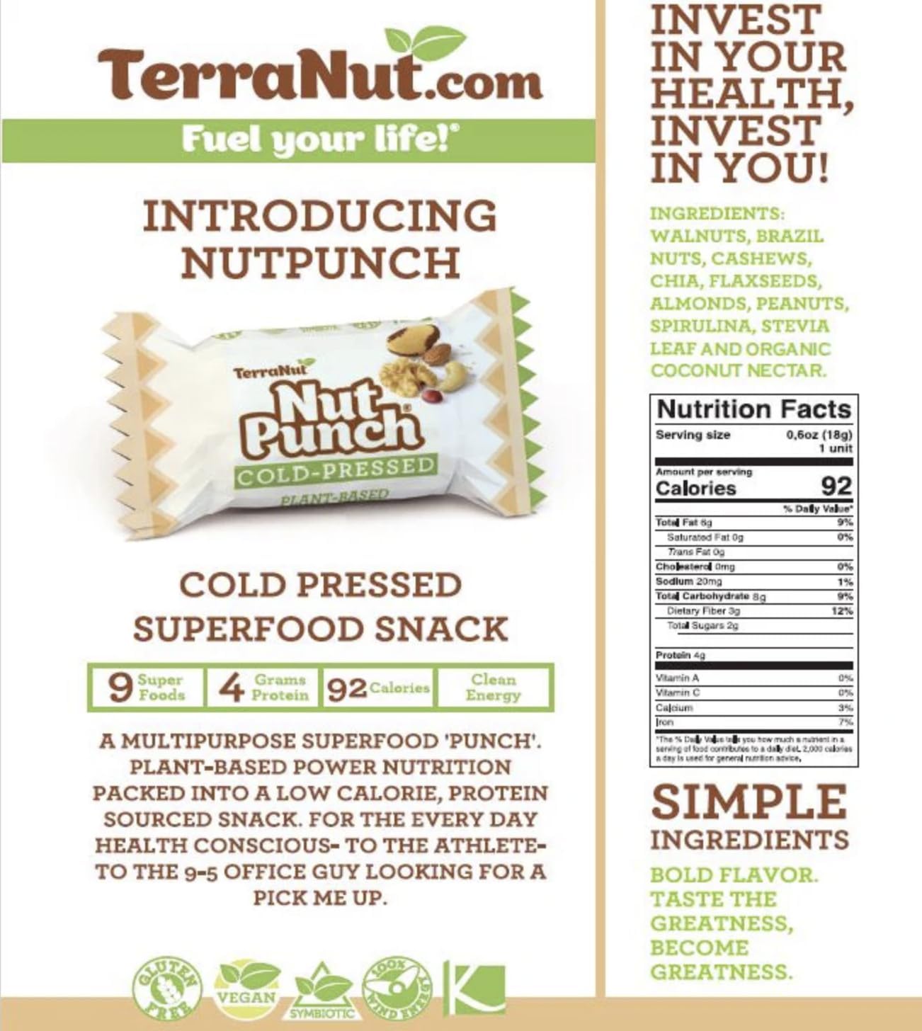 TerraNut Nut Punch Superfood Power Snack - Cold Pressed - Plant Based - Gluten Free- Superfood Snack - Dispenser Box - Mix Nuts 70 Count