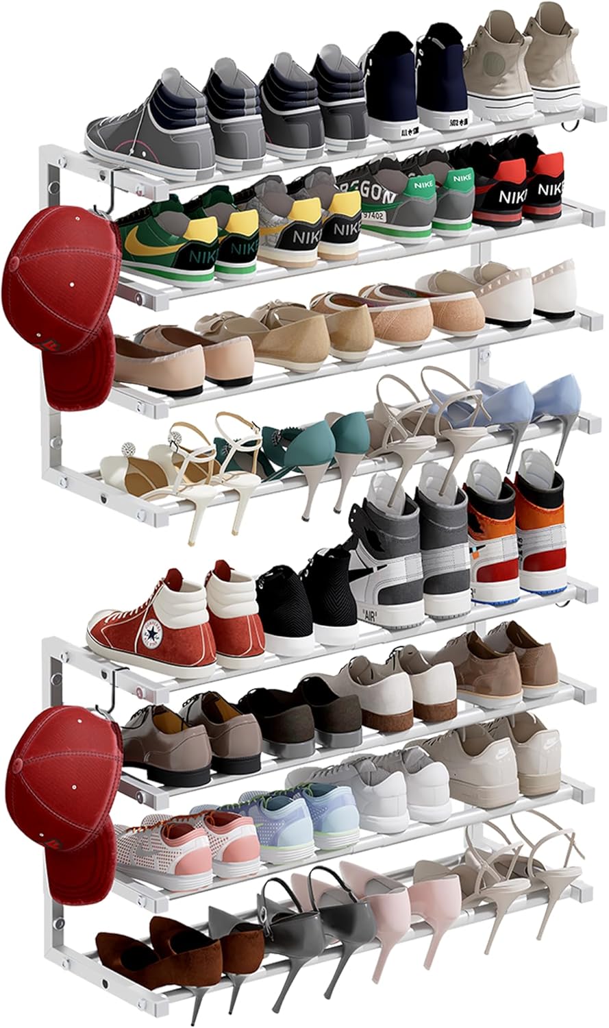 2 Pack Wall Mounted Shoe Rack, 4 Tier Hanging Shoe Rack Holds 32 Pairs, 17"-30" Adjustable Heavy Duty Wall Shoe Shelf with 4 Storage Hooks, Space Saving for Closet Entryway, White