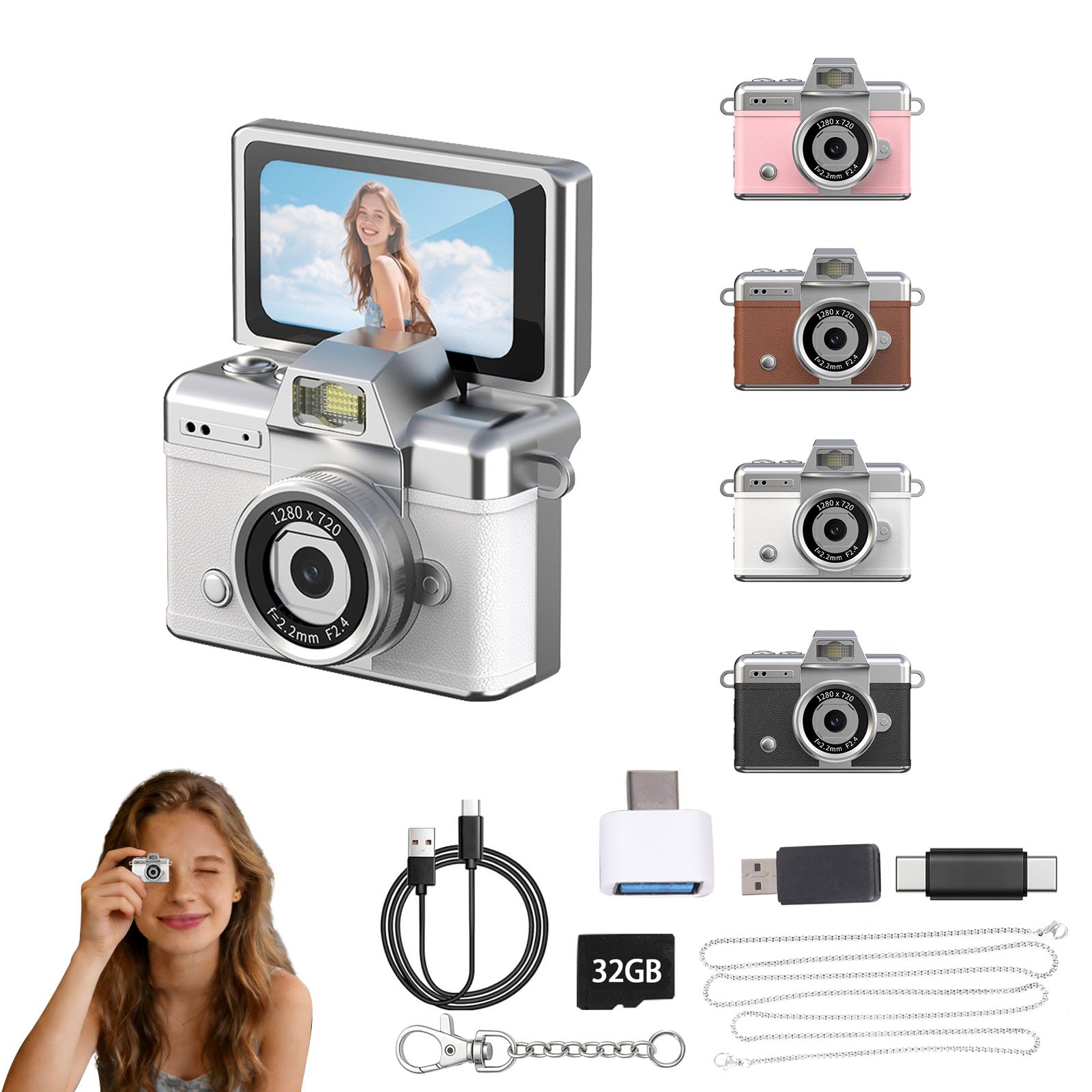Mini Instant Camera,Keychain Digital Camera 1080p Video,32gb Expandable Memory with Adapter USB Charging