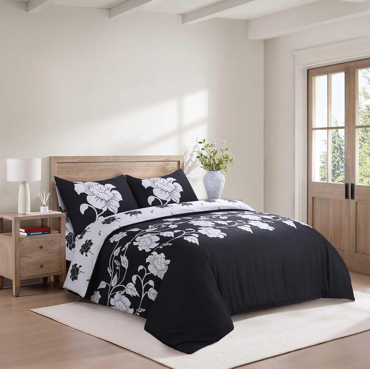 SAIMAZ 4Piece Printed Bedding Set Duvet Cover with Zipper Closure, Fitted Sheet & Pillow Cases Soft Brushed Microfibre Single Double King Super King Sizes (Richmond Black, Single)