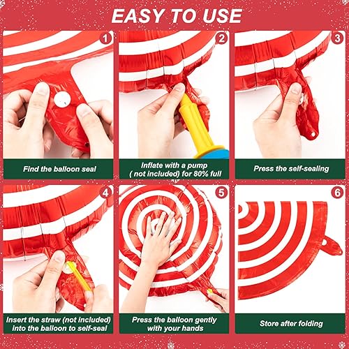 Miniatura 5 de 30 globos de papel de aluminio de Navidad, globos grandes de Mylar con remolinos de bastón de caramelo con cintas, globos rojos y verdes para