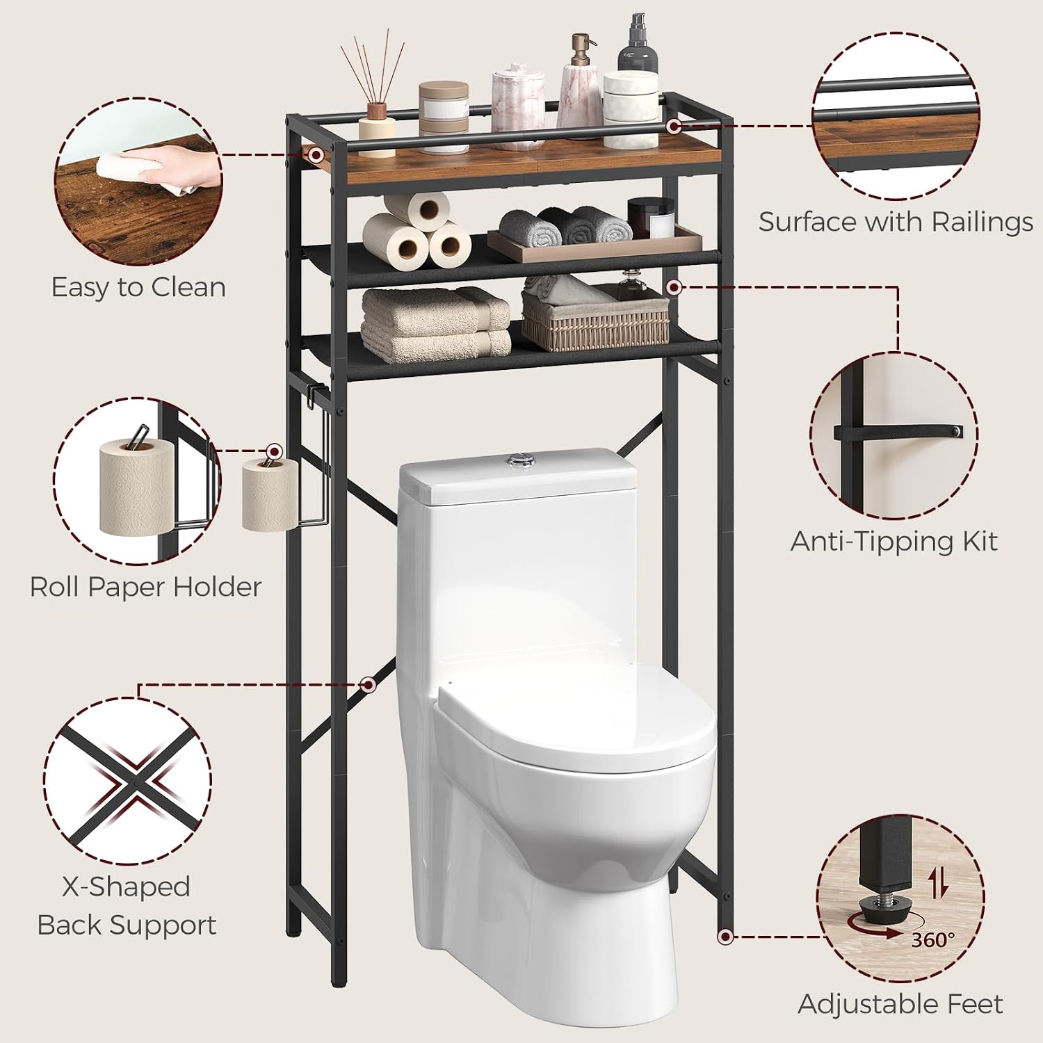 MAHANCRIS Over Toilet Storage, 3-Tier Bathroom Organizer Shelf with Toilet Paper Holder, Freestanding Space Saver Bathroom Shelves Above Toilet for Bathroom, Laundry Room, Rustic Brown TSHR1201