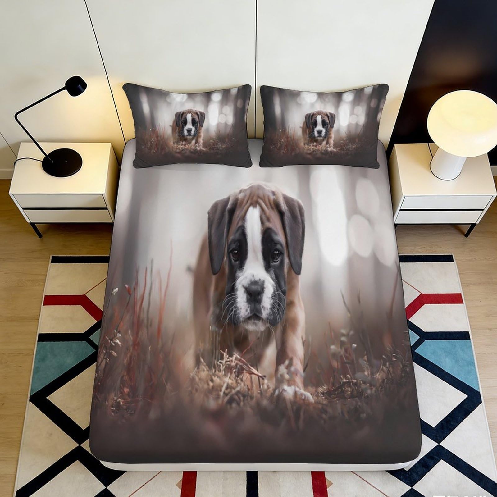 3D Printed Puppy in Forest Fitted Sheet Microfiber Non Slip Bed Cover Dog Pattern for Bedroom Guestroom Decor 160x200x25cm