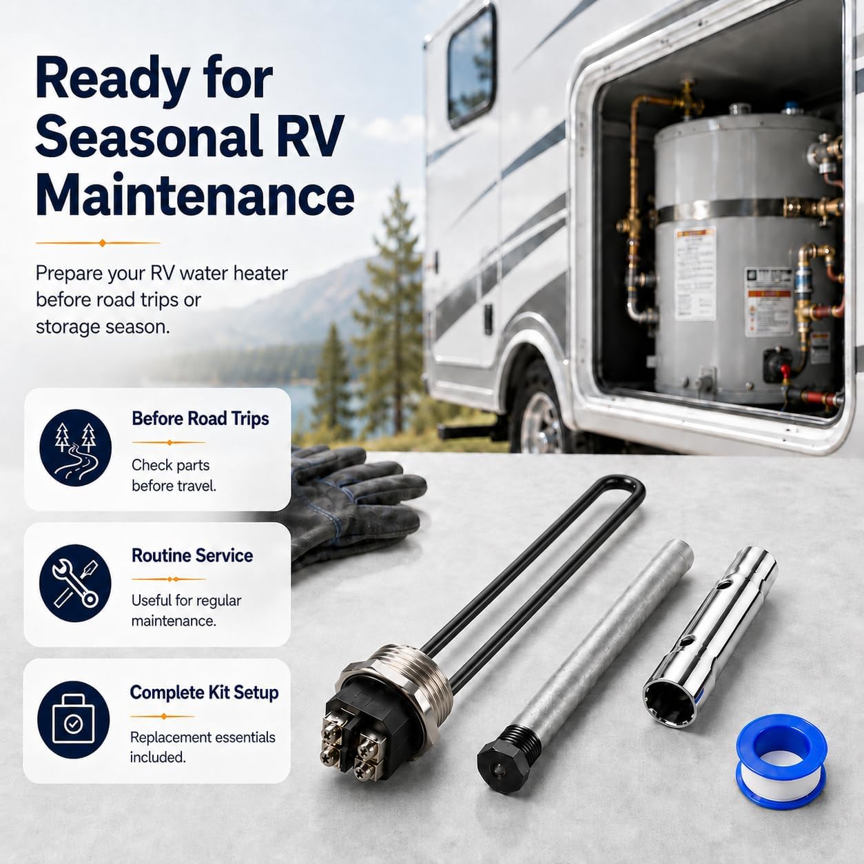 RV Water Heater Parts Maintenance Kit for Suburban SW Series：520900 Heater Element, Magnesium Anode Rod*1, Wrench Socket*1, Teflon Tape*1, Complete Tune-Up Kit for 6-12 Gallon Tanks