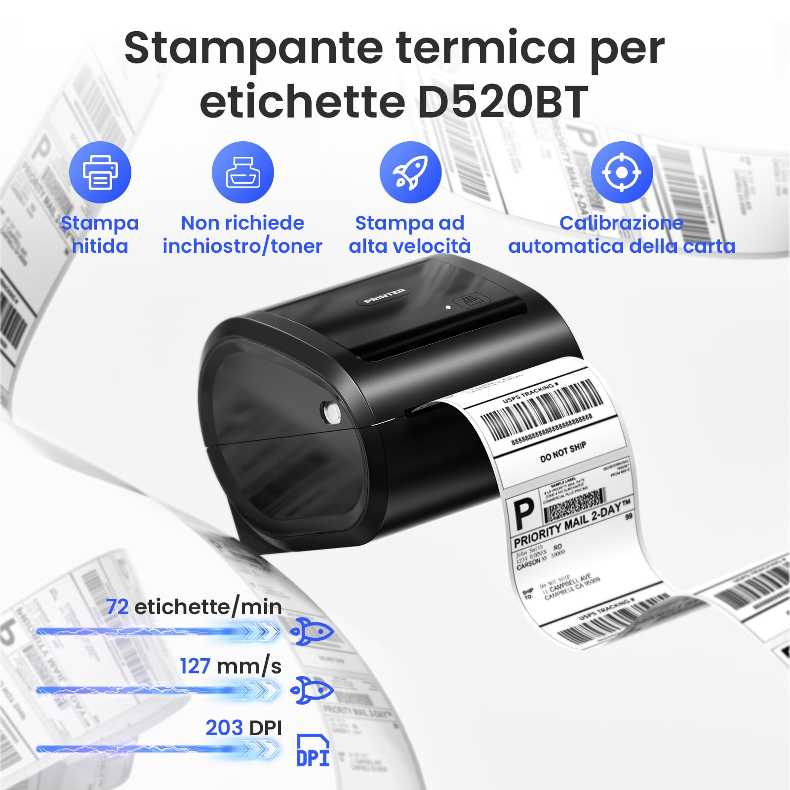 Phomemo D520BT Stampante Termica Bluetooth 4x6 per Etichette di Spedizione, Senza Inchiostro - Compatibile con Smartphone, PC/Mac, Android/iOS, Windows, Colissimo, UPS, Amazon, eBay, Nero