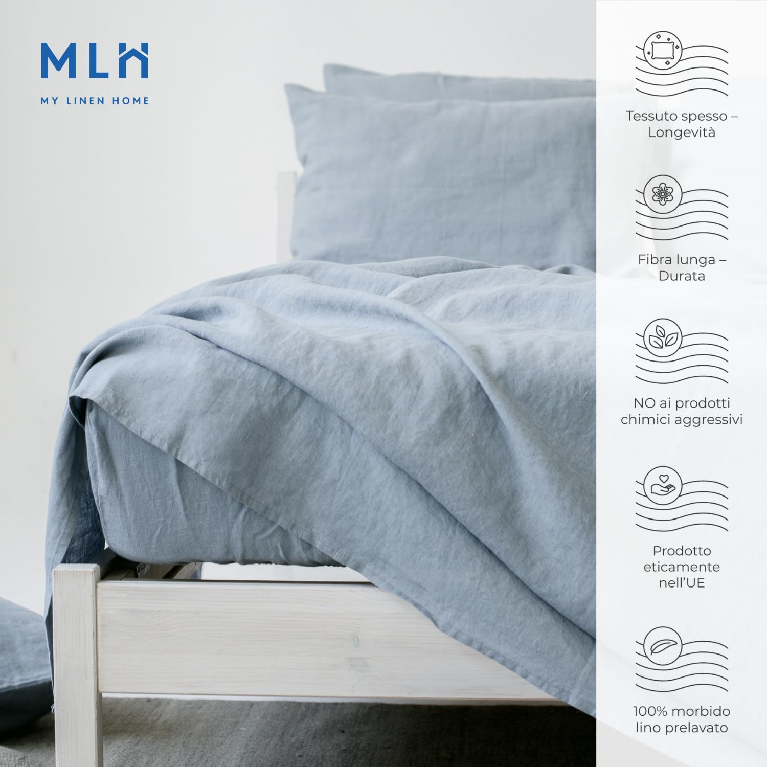 My Linen Home Lenzuolo con Angoli in Lino Lavato (100% Stonewashed) in Blu grigio, 180x200x30 cm I Orlo Elastico Continuo I Ipoallergenico, Termoregolazione e Traspirabilità, Delicato e Morbido