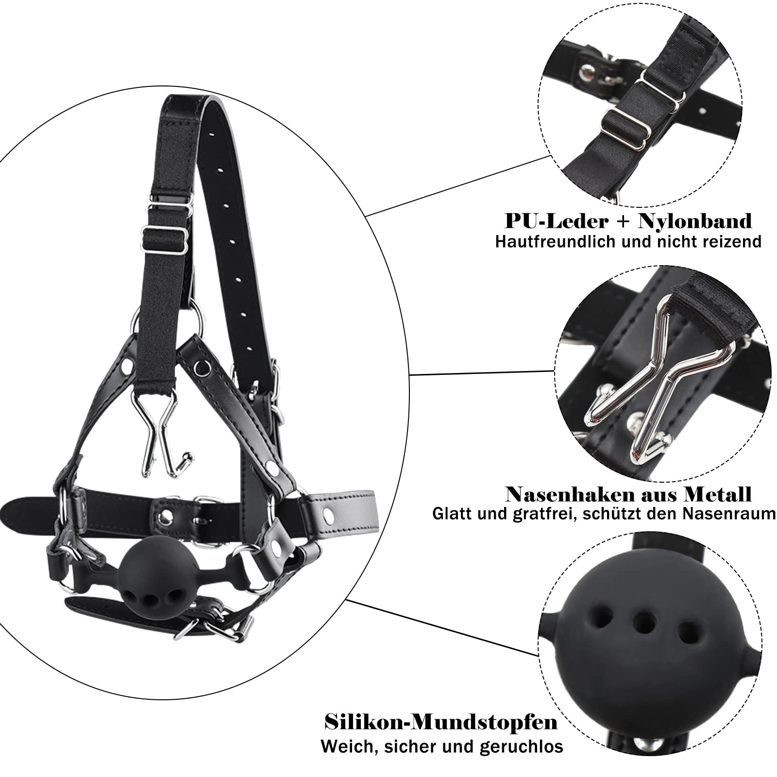 Mordaza de boca de silicona BDSMJOY con gancho nasal de metal y correas de sujeción ajustables, arnés de cabeza con bola de mordaza fetiche grande, juego de coqueteo de bondage (Negro)