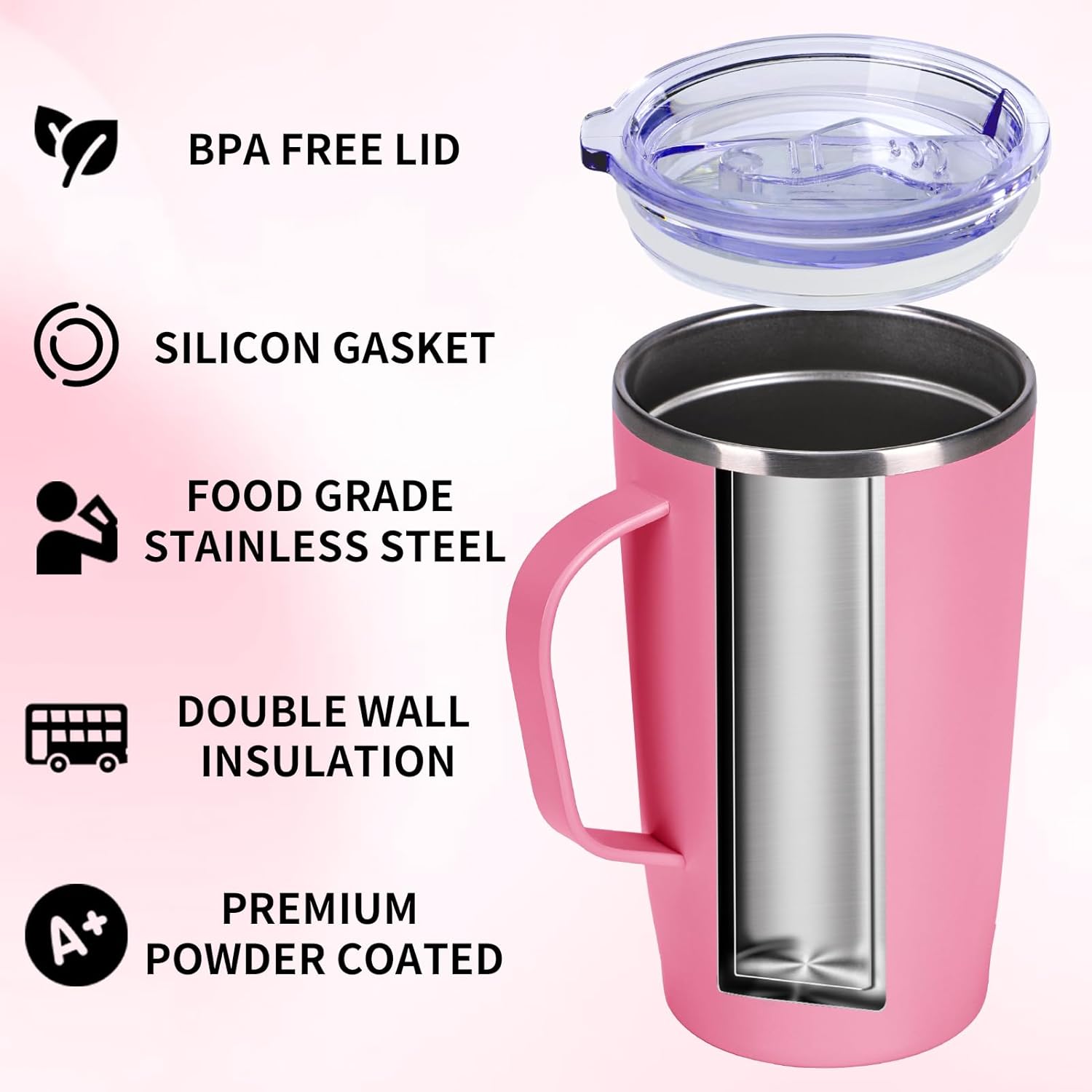 Trwcrt 19oz Insulated Coffee Mug with Handle, Double Wall Vacuum Stainless Steel Travel Coffee Tumbler, Pink - Image 3