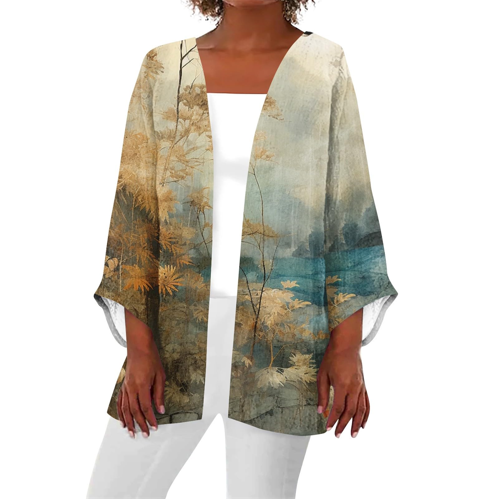 Women Floral Print Lightweight Summer Casual Kimono Cardigan 3/4 Sleeve Loose Beach Wear Boho Cover Up Blouse Top