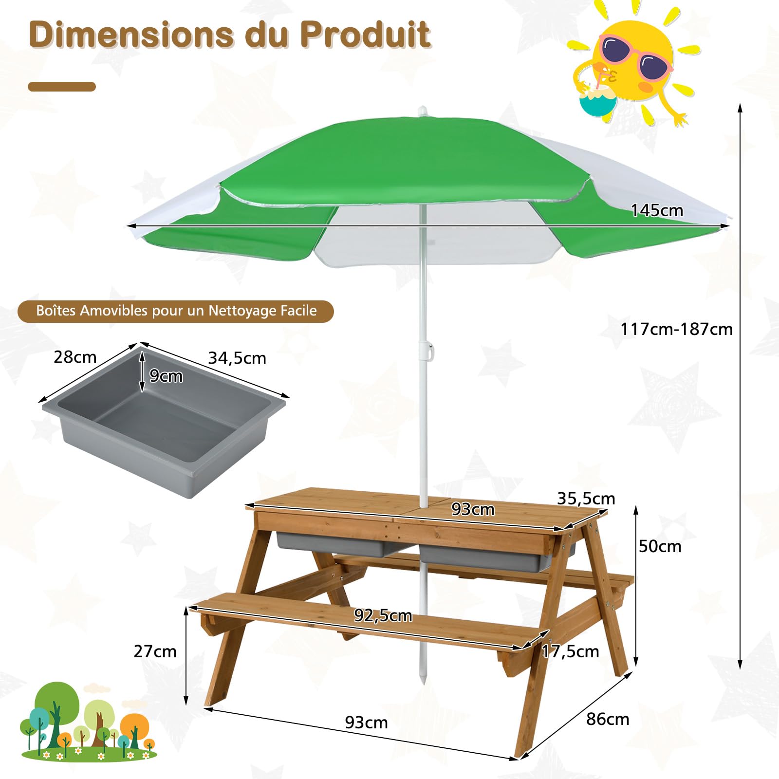 DREAMADE 3 en 1 Table de Pique-Nique Enfants 3-7Ans avec Parasol,Table de Camping et Bancs Pliable&Amovible,Plateau Détachable pour Jardin,Terrasse,Cadeau pour Garçons et Filles (Blanc+Vert)