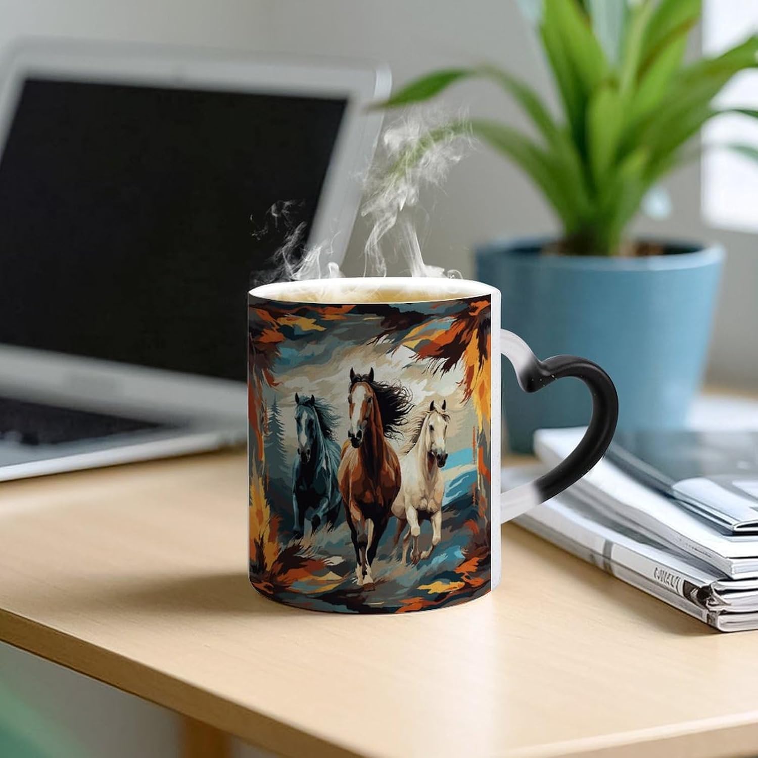 Color Changing Mug, Novelty Coffee Magic Cup, horses as a background image 5