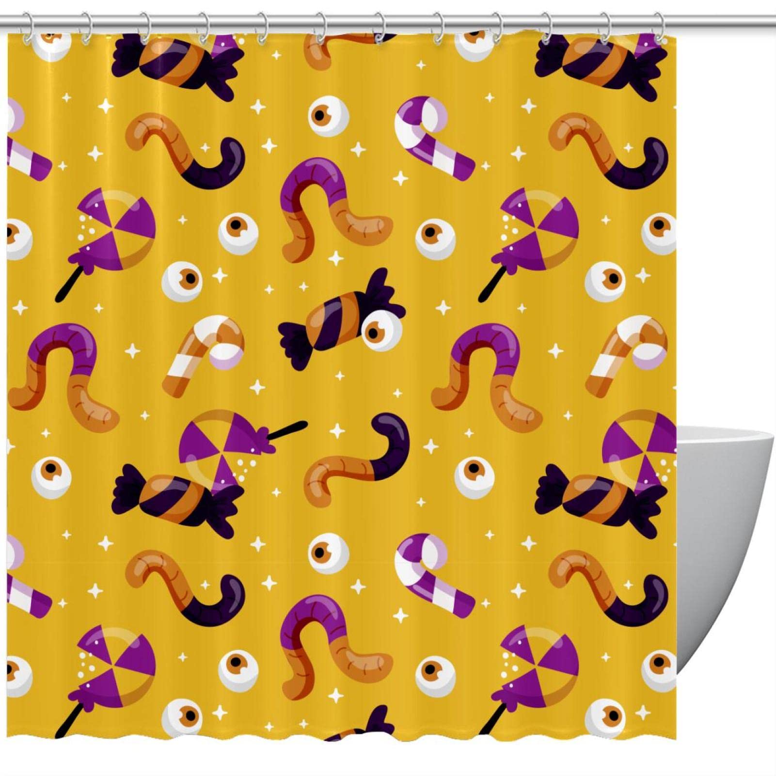 Rideau de douche Halloween jaune 168x183 cm pour déco de salle de bain automnale