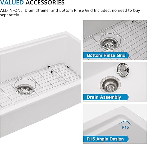 Miniatura 7 de Fregadero de cocina compuesto de granito 33 pulgadas - Fregadero de cocina de granito de 33 x 19 pulgadas, estación de trabajo de cuarzo blanco