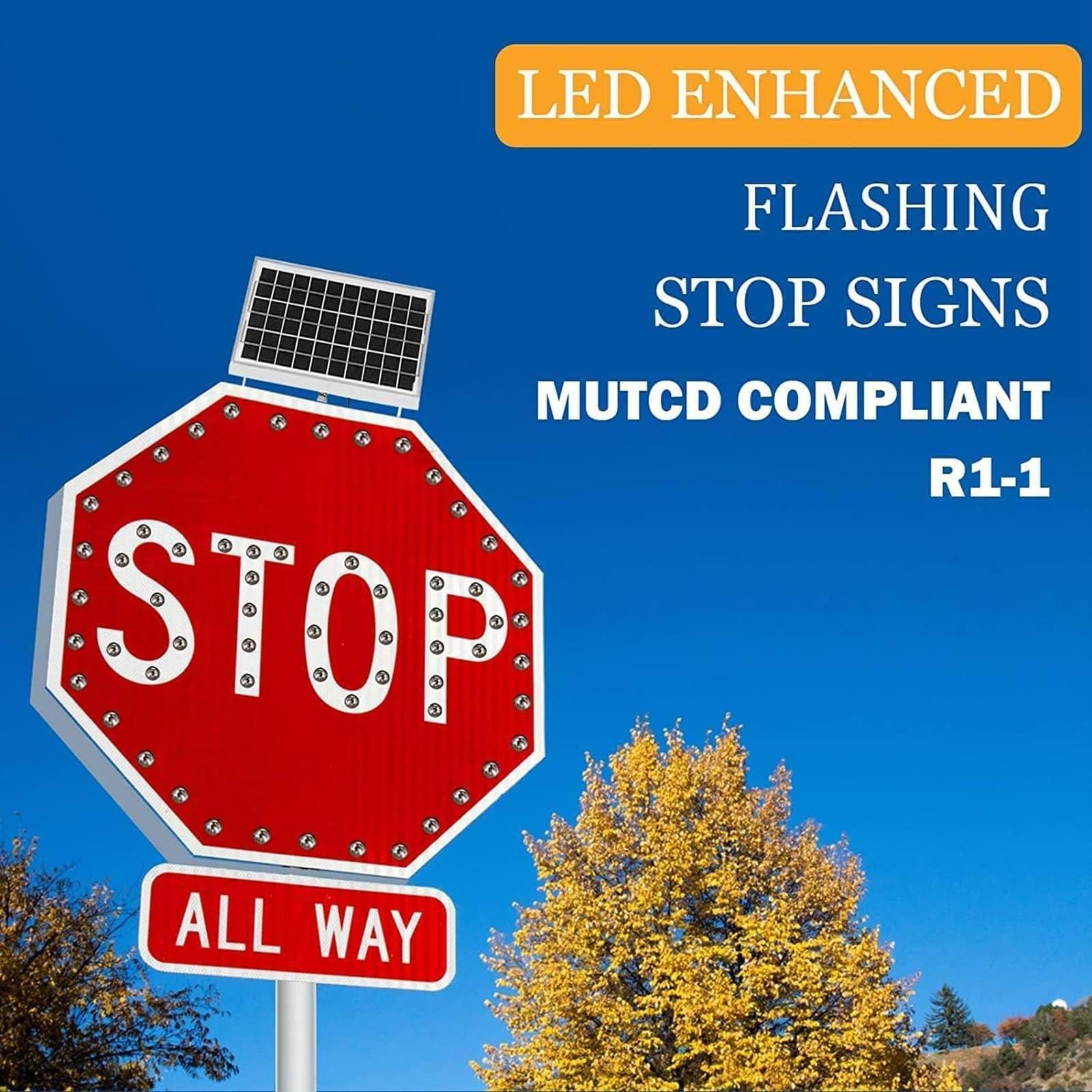 Señal de Stop con Energía Solar y LED Parpadeantes - Luz de Advertencia 24/7, Señal Exterior de 60×60cm, Sensor Automático de Anochecer/Amanecer para Intersecciones y Campus