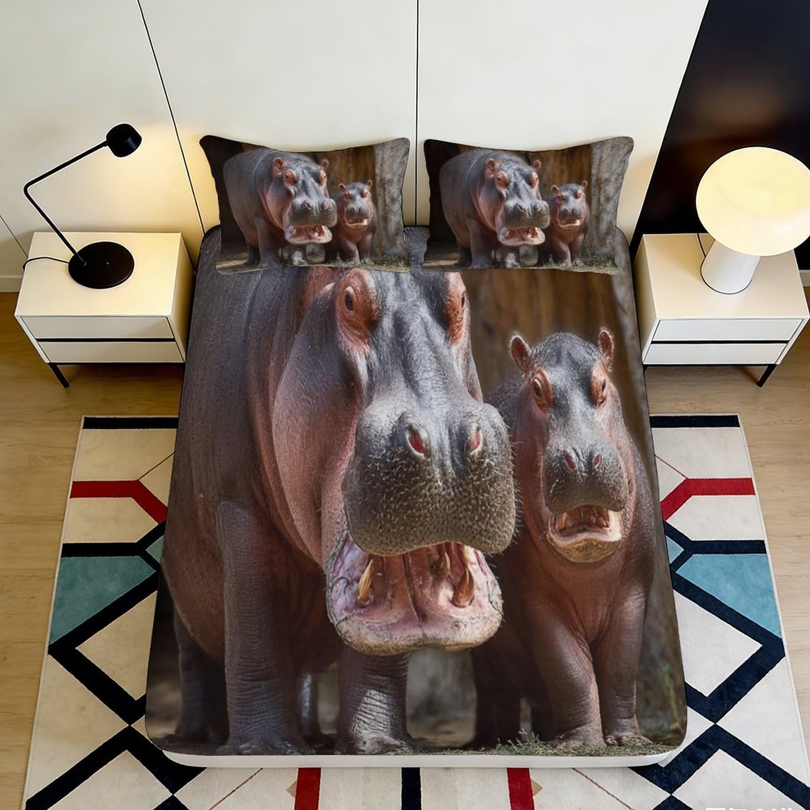 3D Printed Hippo Animal Fitted Sheet Microfiber Soft Durable 3D Printed Hippopotamus Mattress Cover for Bedroom Dormitory Guest Room Protection 120x200x25cm