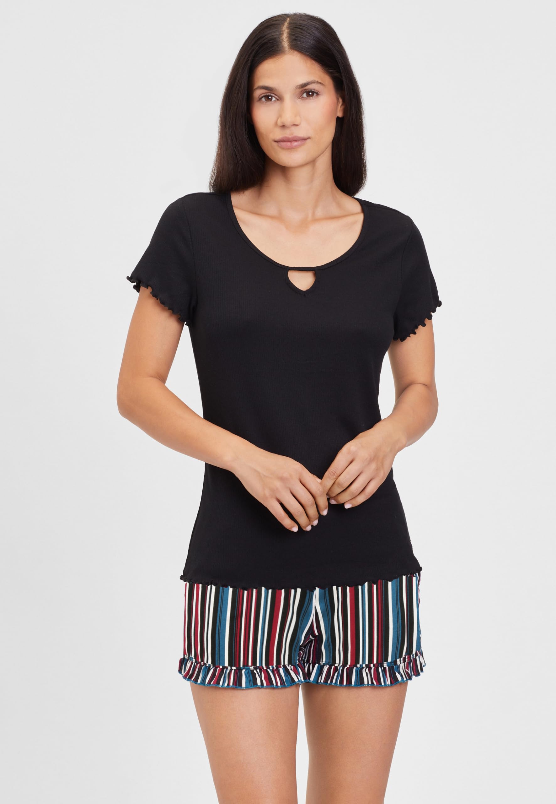 s.Oliver Damen Pyjamaoberteil kurzärmelig, gekräuselt, Cutout, Rippoptik