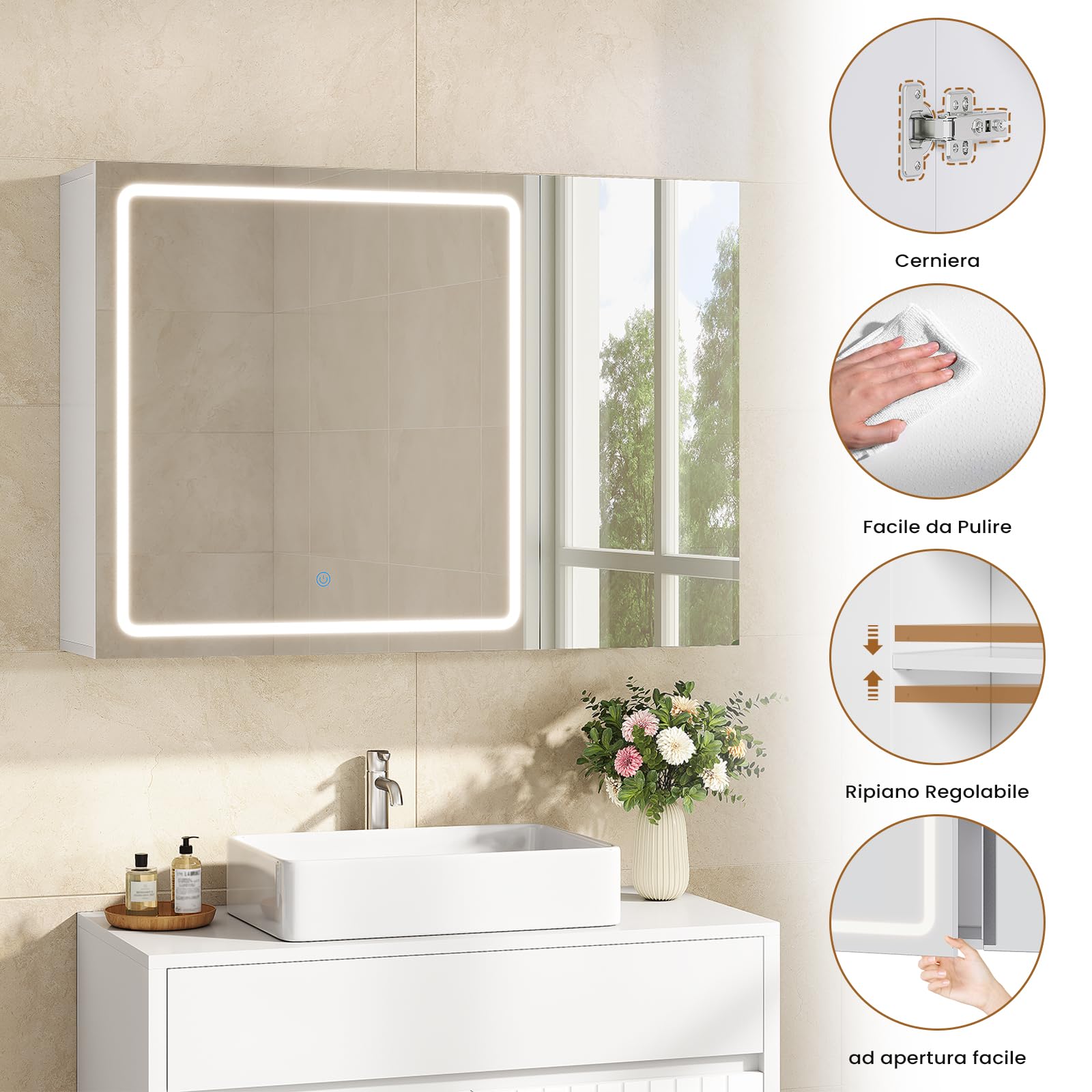 Specchio Bagno con Luce LED Regolabile e Presa Multipla, 2 Ante Specchio Bagno Contenitore 80x16x60 cm con Ripiani Regolabili, Specchiera Bagno con Specchio Grande HD, Bianco
