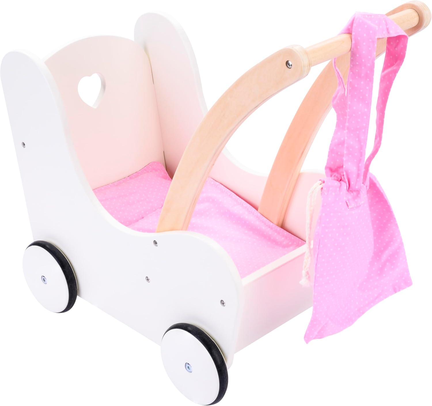 Engelhart - 606015 - Elegant Wooden Doll Pram - Pink and White - Dimensions: 50 x 28 x 46 cm - From 3 years old
