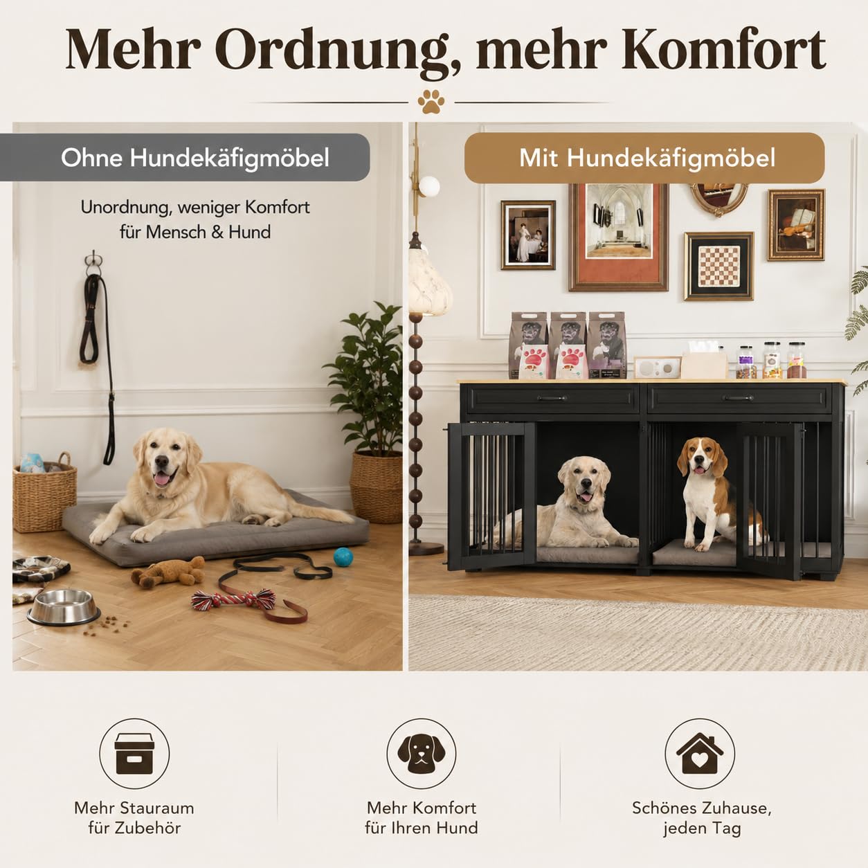 Hundekäfig mit 2 Schubladen und 2 Türen Hundebox für Innenbereich Hundehaus mit getrenntem Innenraum Schwarz und Eichenfarbe 164×60×80cm MDF Hundehütte für 2 Hunde