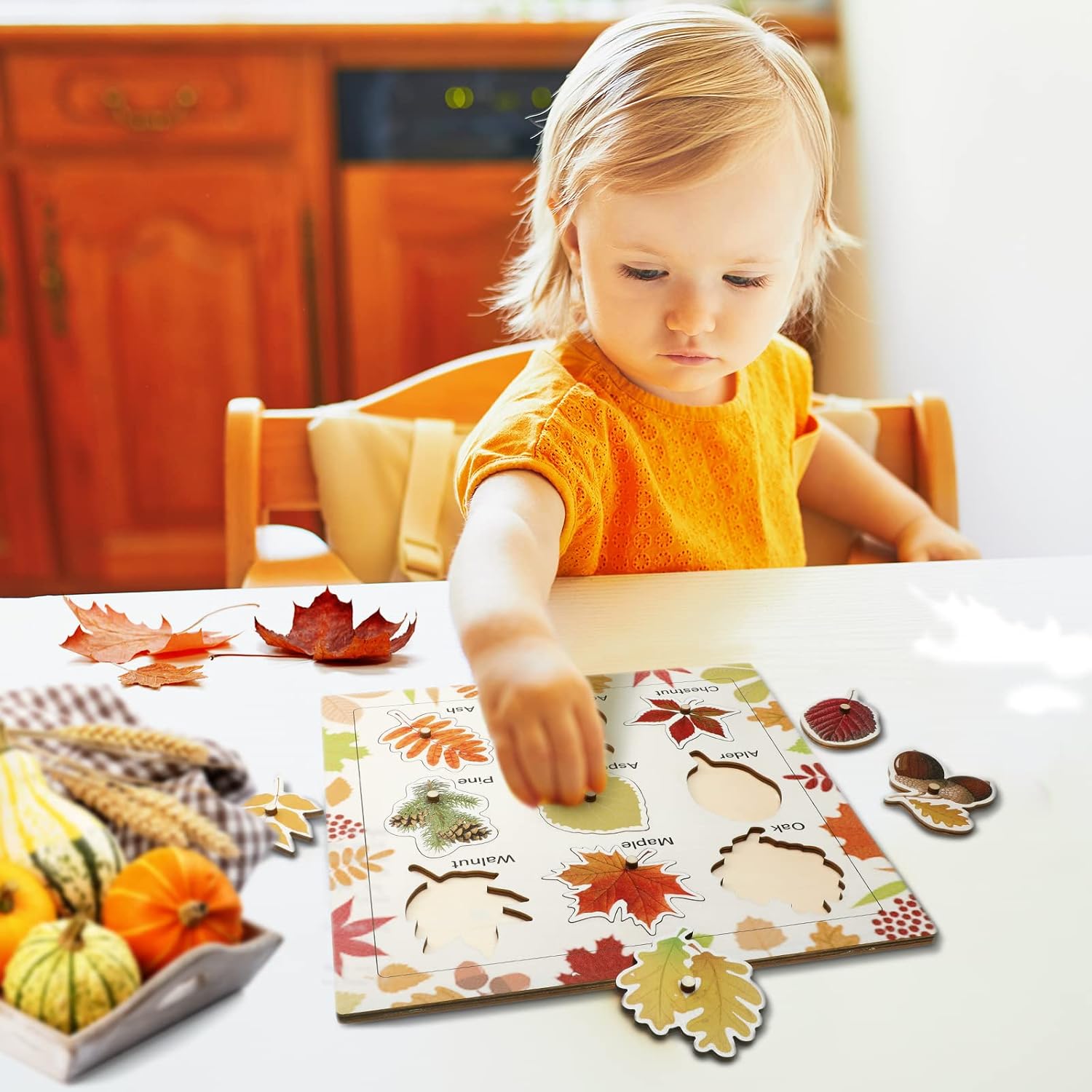 Leaf Wooden Jigsaw Puzzles Fall Leaf Puzzle with Knobs Educational Learning Stem Toys Thanksgiving Christmas Montessori Puzzle Preschool Educational (Leaves Style)