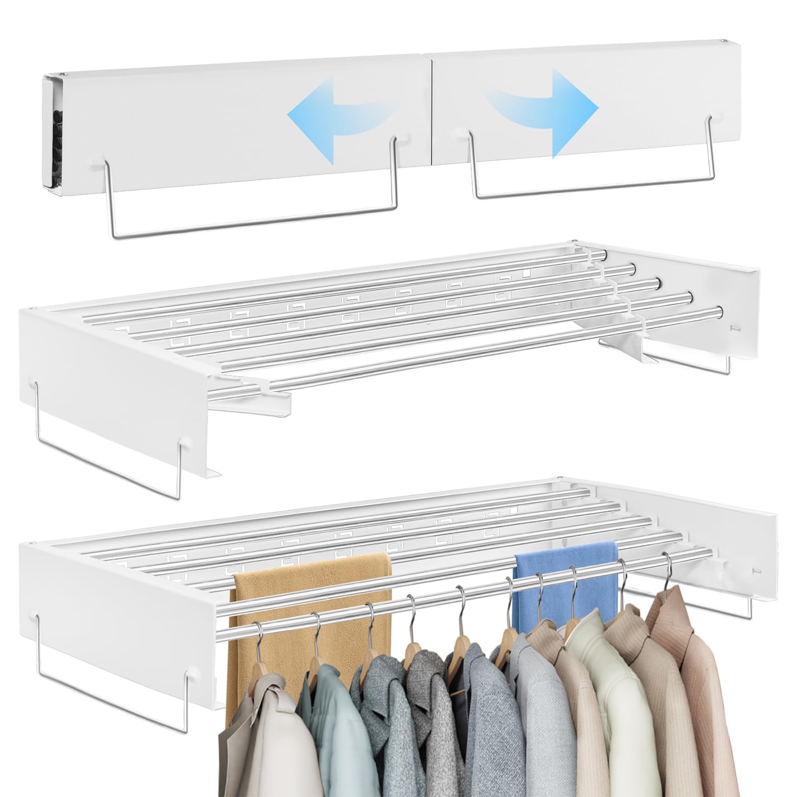 OUUTMEE Stendibiancheria da parete retrattile pieghevole in acciaio al carbonio e acciaio inossidabile, 80 cm, 5 linee di sospensione, per interni ed esterni, bianca
