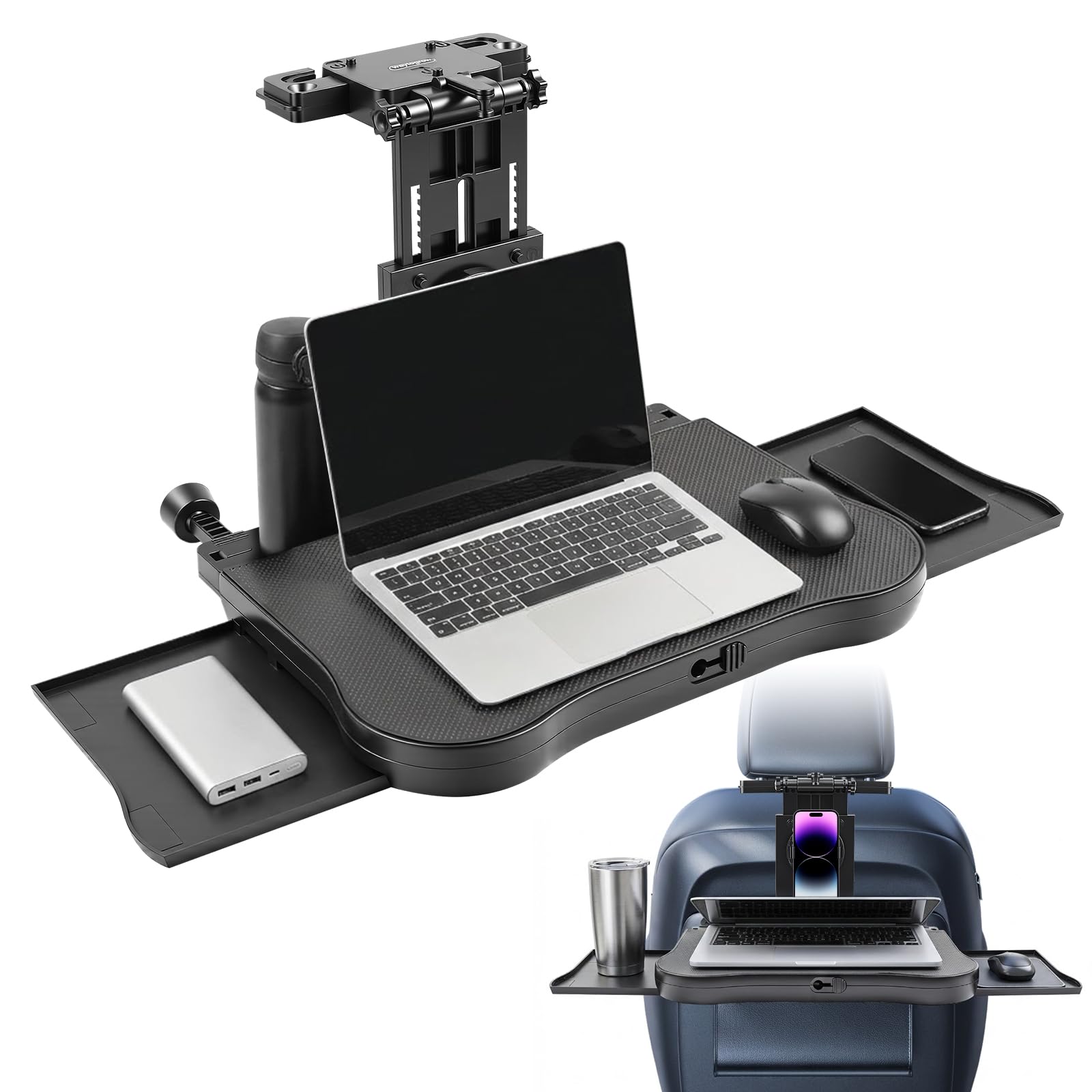 Auto Tisch für Rücksitz Beifahrer, Schreibtisch mit Getränkehalter und Handyhalter, Multifunktional Autositz Tabletttisch, Faltbarer Einstellbar Tisch für Autositz, Belastbarkeit 20kg