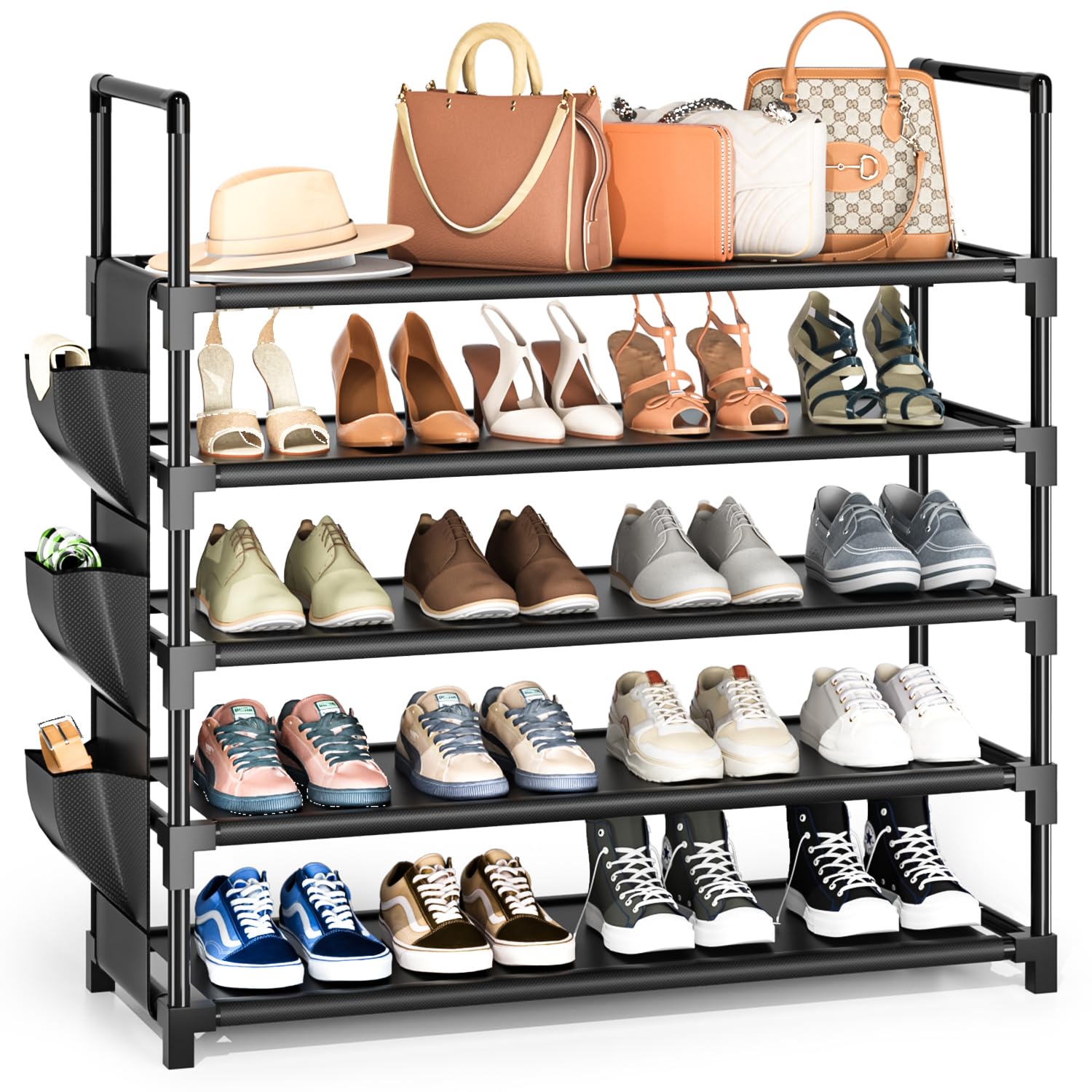 OYREL Schuhregal 5 Ebenen große Kapazität mit Seitentasche Schwarz | Schuhablage, 85 cm breit – bietet Platz für 20–25 Paar Schuhe. Ideal für Flur, Kleiderschrank, Wohnzimmer und Eingang.