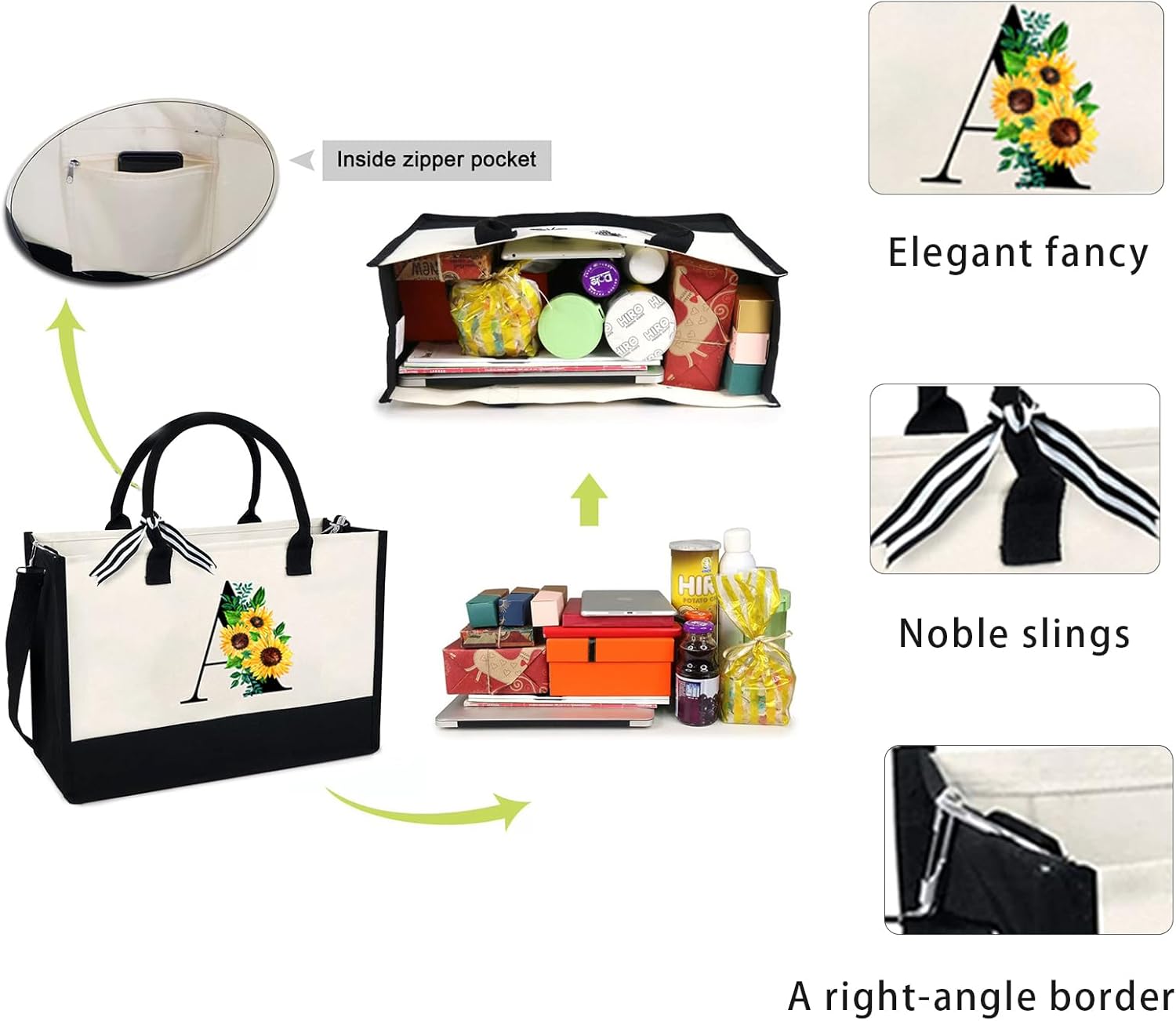 Sunflower Tote with Zipper Pocket, 13oz Monogram Tote Bags for Women, Birthday, Christmas, Teacher Gifts - Image 5