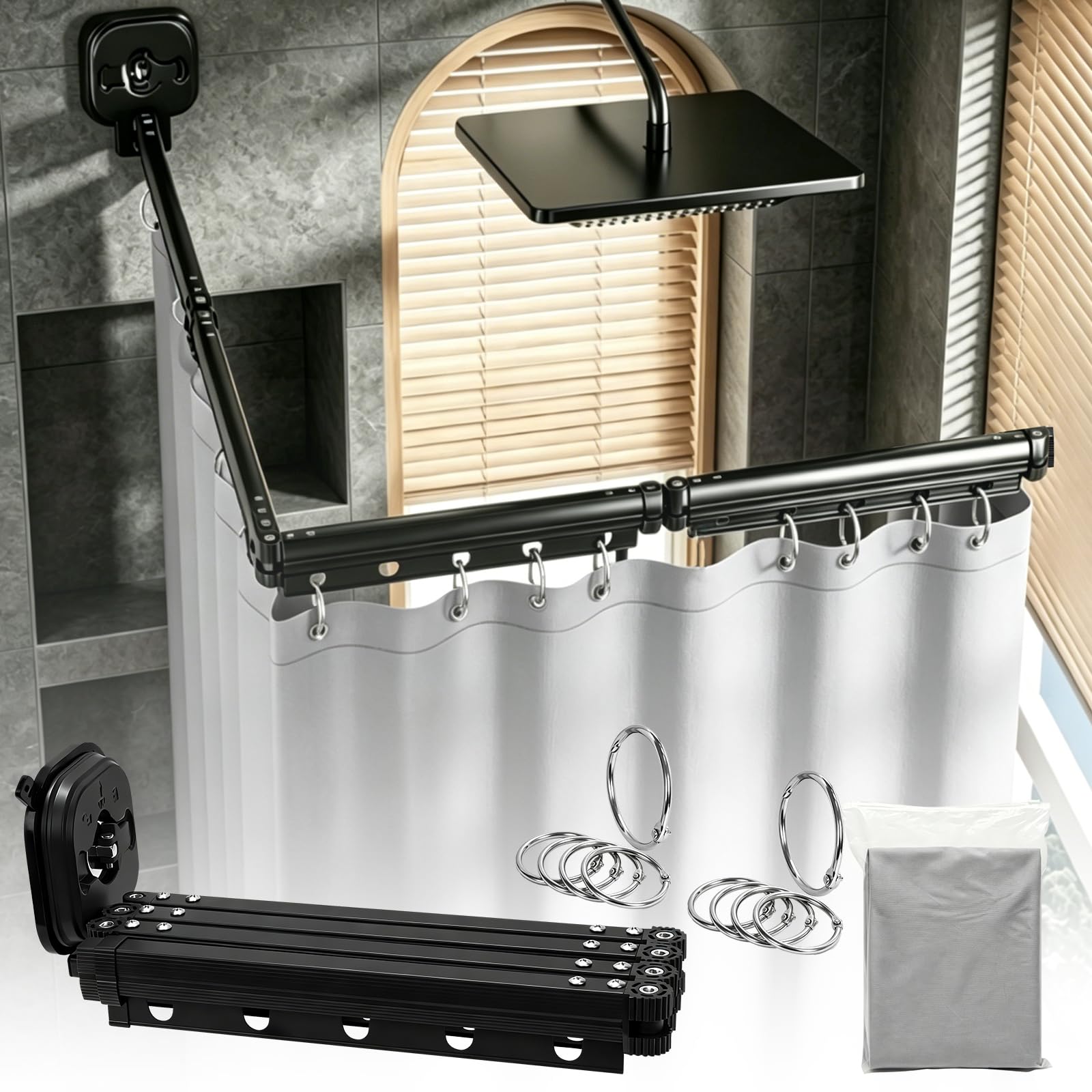 ANTREATU Foldable Shower Curtain Rod Set, 4-Fold Multi-angle Adjustable No-Drill Corner Rail with Waterproof Thick Linen Shower Curtain, Wall-Mounted Corner Rod for Bathroom, RV, Laundry Room
