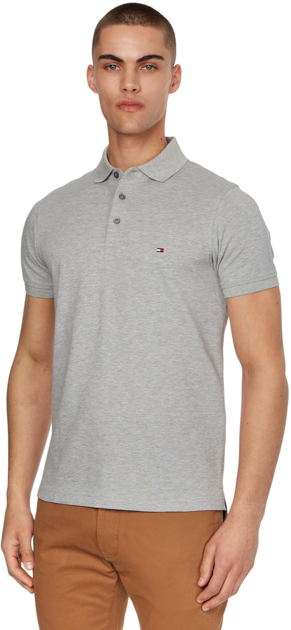 Tommy Hilfiger Men’s Short Sleeve 1985 Slim Fit Polo Shirt, Grey (Light Grey Heather), XXL