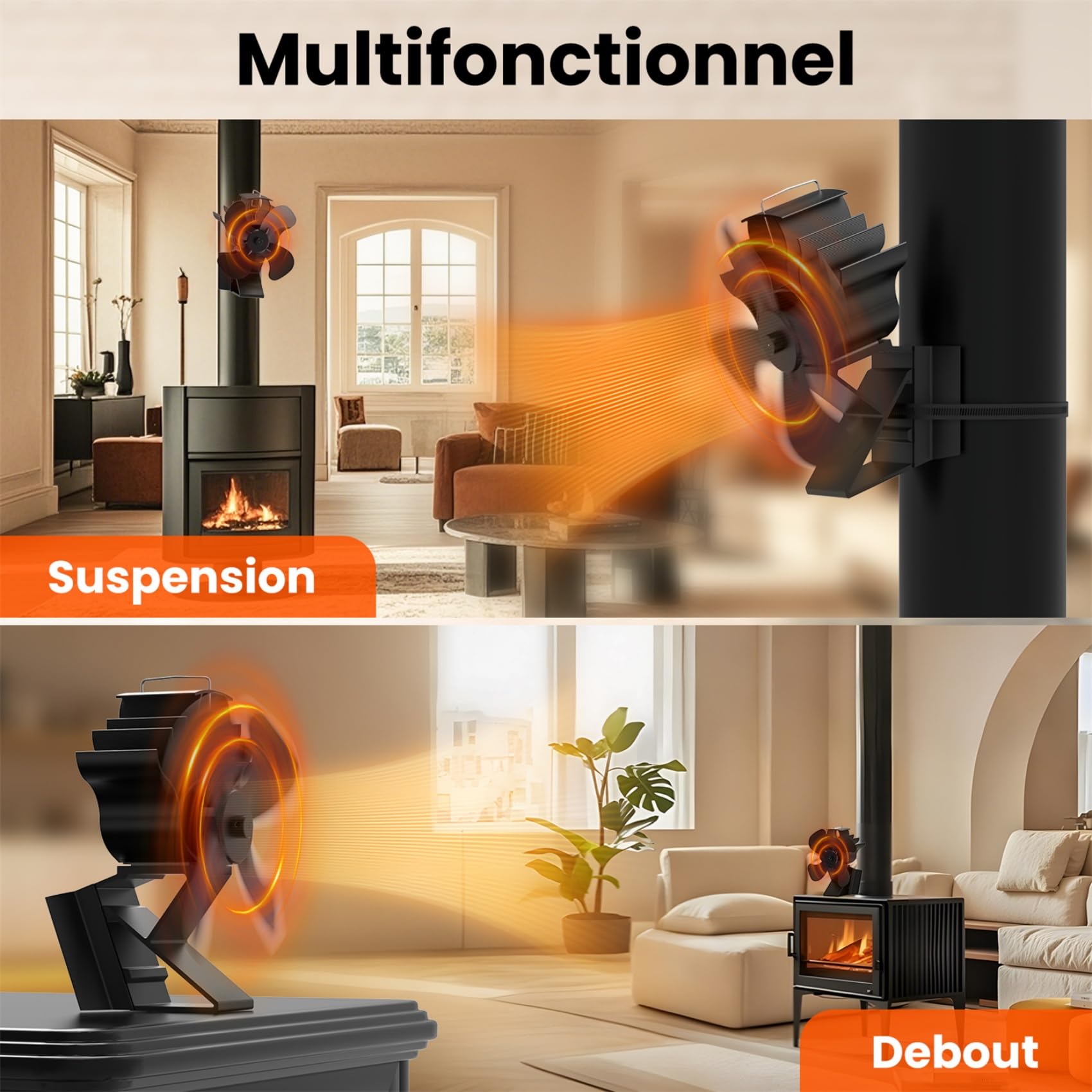 ICARE Ventilateur poêle à bois, ventilateur cheminée pour poêle à bois, 2 en 1 silencieux fireplace fan sans électricité,de chauffage, pièce de rechange.