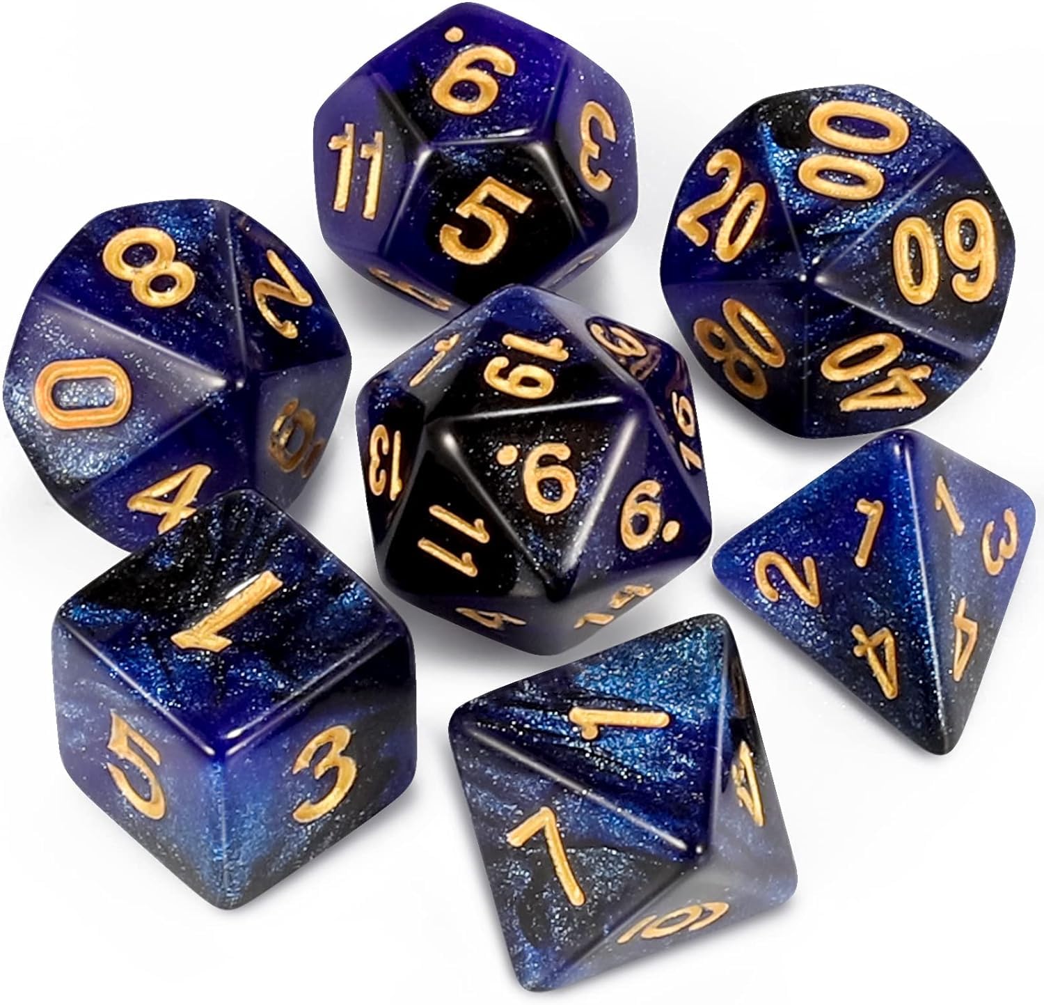 DND Polyhedral Dice Set, AORZOV Tabletop 7-Die Set Dice for Dungeon and Dragons D&D RPG COC Role Playing Games(Black & Dark Blue Nebula+Glitte)