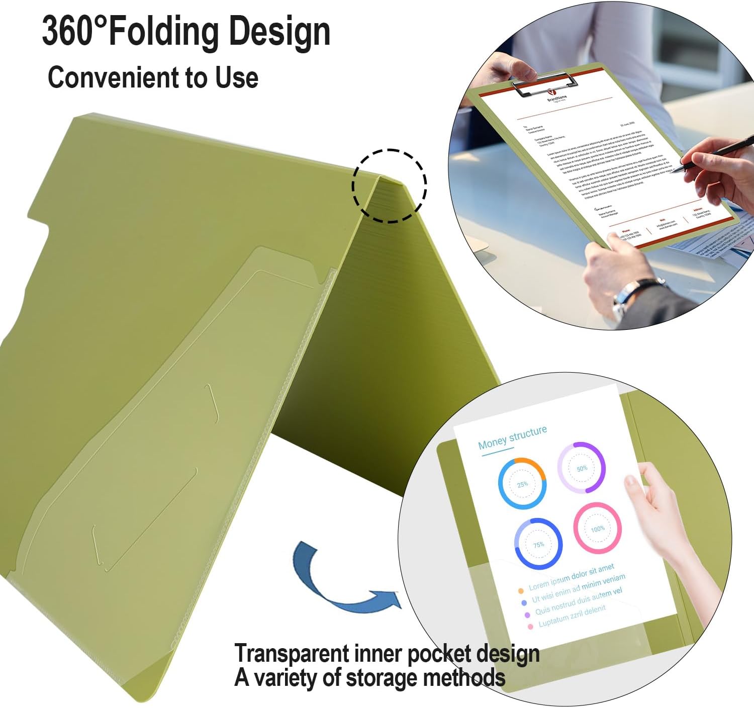 Foldable Clipboard, 5 Pack A4 Clipboard Folder with Pocket, File Cover Office Folder Clipboards, 360 Degree Foldable Binder Clipboards for Office, School or Medical Field, Green