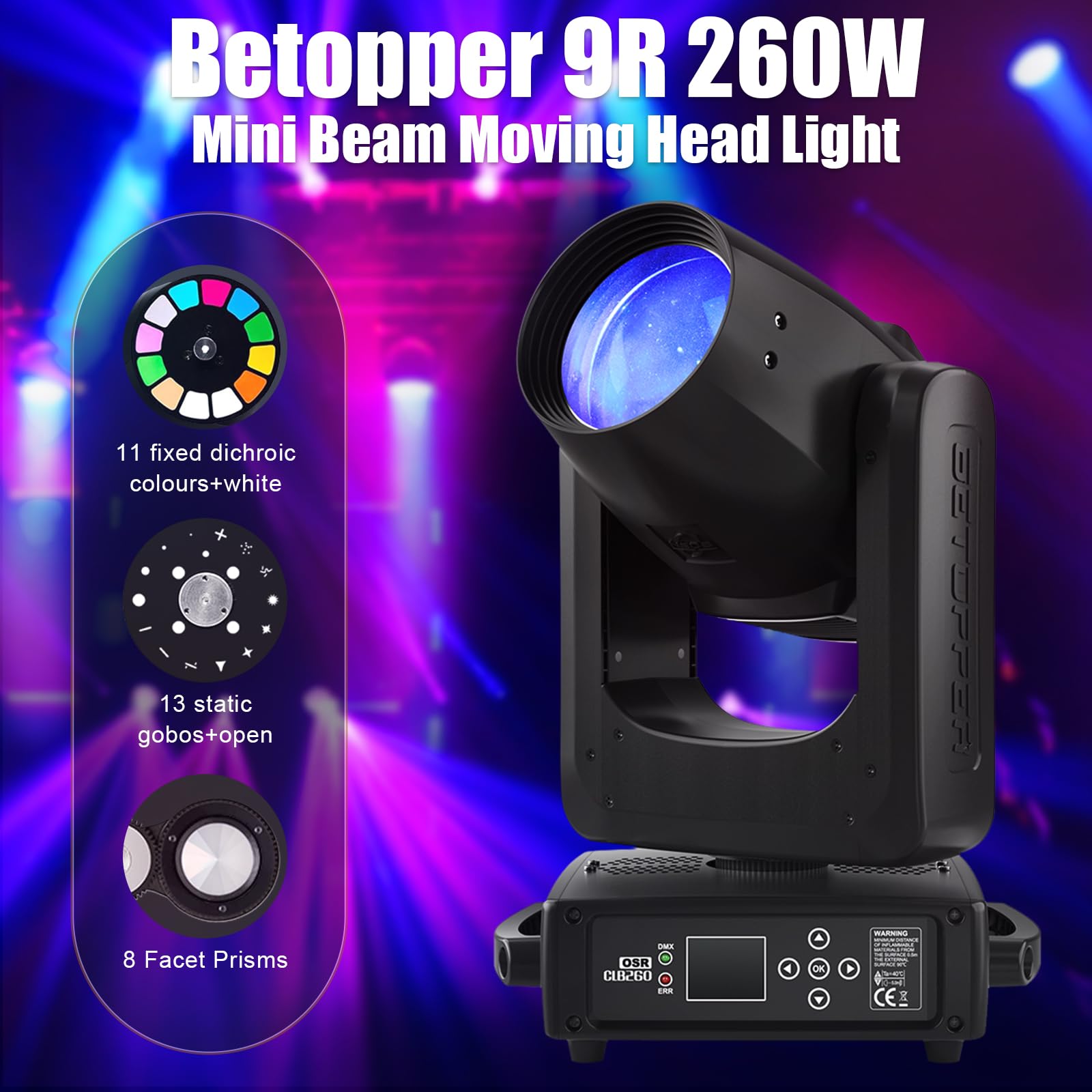 BETOPPER Lyre Led Moving Head Lampe 512 DMX RGBW 260W Éclairage de Scène Tête Mobile Jeux Lumiere Disco de Scène pour Scène, DJ, Bar, Mariage, Fête, Discothèque (1 PCS)