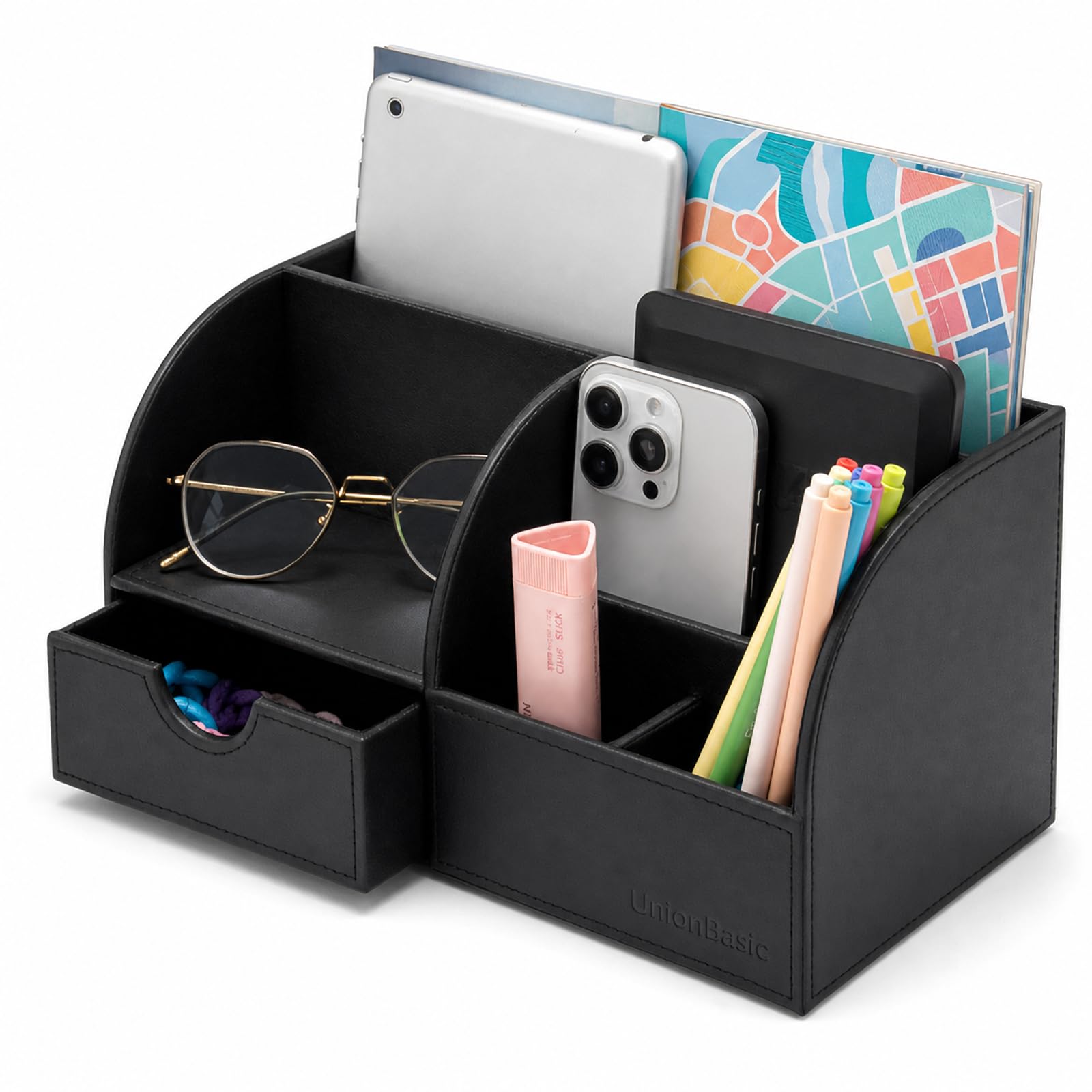 UnionBasic Organizer da scrivania, multifunzione, in pelle, portapenne, porta biglietti da visita, penne, matite, telefono cellulare, cancelleria, nero