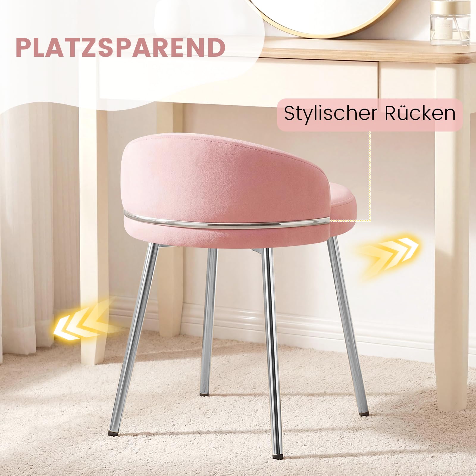 Hellove Cute Schminktisch Hocker, Kleiner Samt Schminkstuhl Armloser mit gewölbter Sitzfläche & Silber Metallbeinen, Sitzhocker Fußhocker Makeup-Hocker Stool für Schlafzimmer Wohnzimmer, Rosa