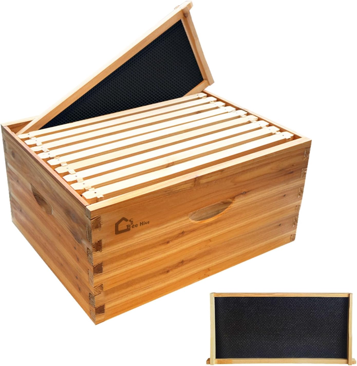 10 Frame Bee Hive Deep Box, Langstoth Deep Brood Beehive Box Dipped in 100% Beeswax, Wooden Beehive Box with Frames and Wax Foundations for Beekeeping Supplement