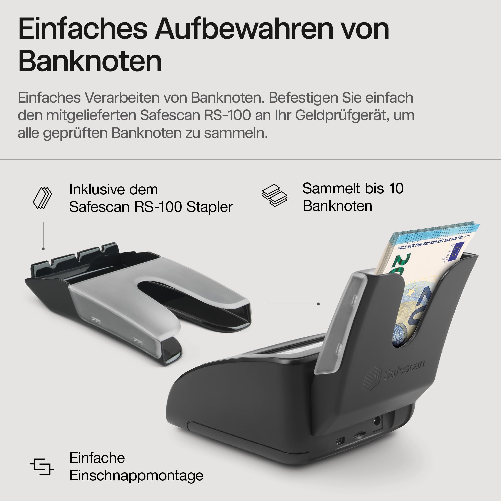 Safescan 155-S & RS-100 automatischer Geldscheinprüfer zur schnellen Überprüfung von Geldscheinen - Falschgeldprüfgerät mit 7-facher Echtheitsprüfung - 100% genaues Prüfgerät inkl. Banknotenstapler