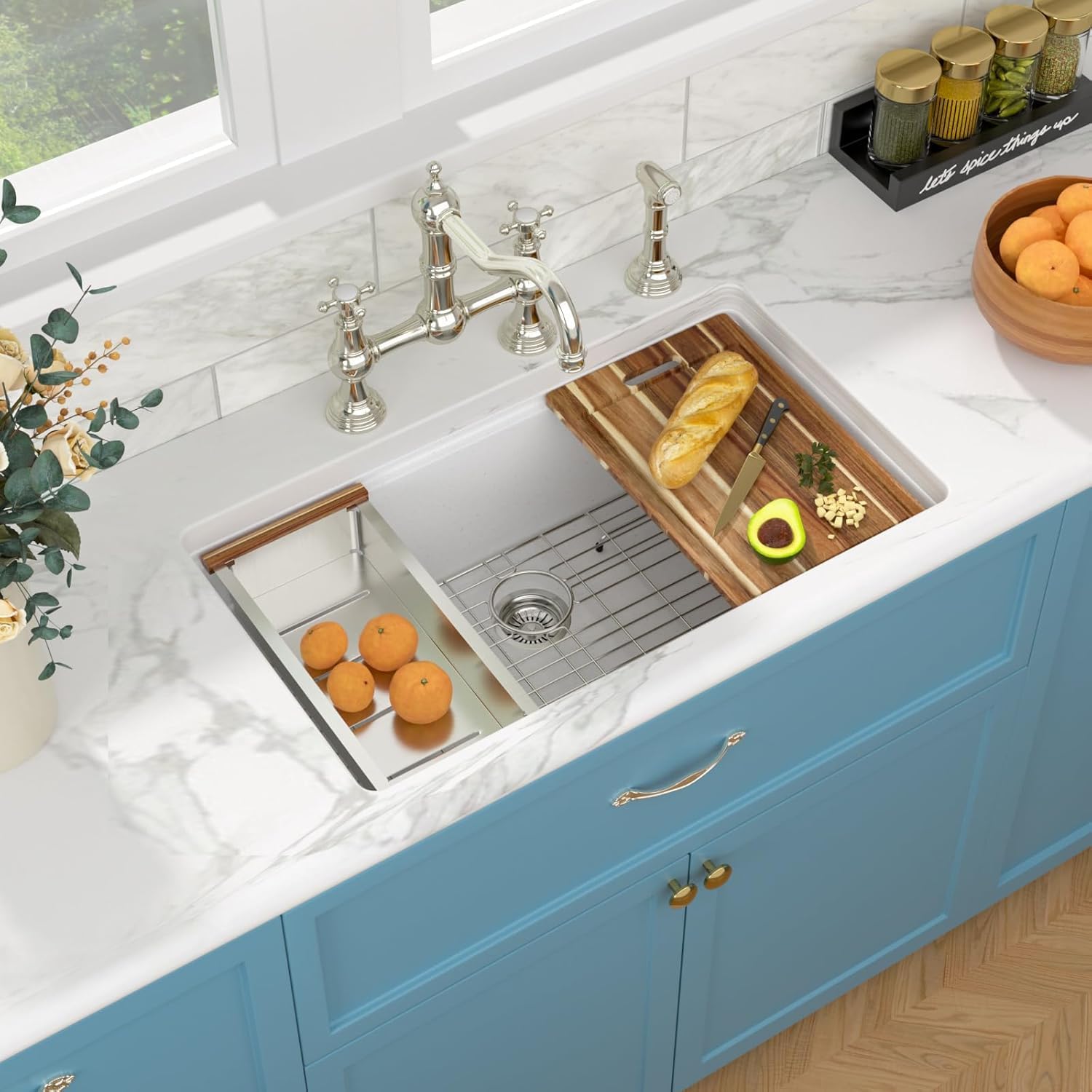 Sarlai Granite Composite Kitchen Sink - 32 x 19 Inch Granite Undermount Kitchen Sink Ledge Workstation 32 Inch Under-Mount White Quartz Classic Single Bowl Sinks Under Counter Basin With Accessories