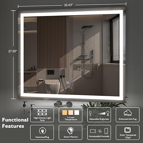 Miniatura 2 de Espejo de baño LED de 36 x 28 pulgadas con luces, espejo LED sin marco con bordes cuadrados para montaje en pared, espejo de tocador LED
