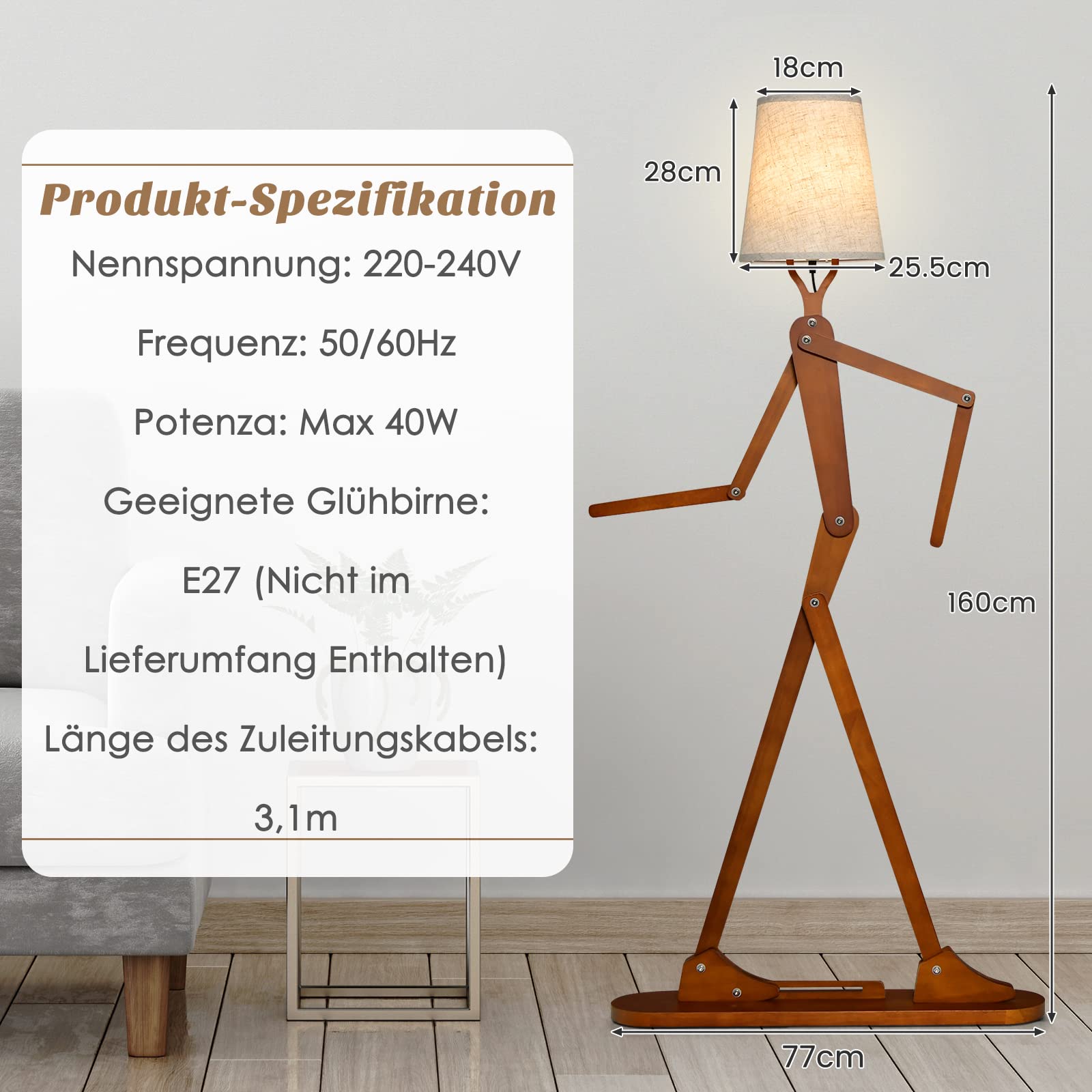COSTWAY Geile Poseable Art Figure Stehlampe aus Holz, Lustige Stehleuchte, dekorative humanoide Eckleuchte mit verstellbaren Gelenken, Leselampe im kreativen Kunststil für Wohnzimmer & Schlafzimmer